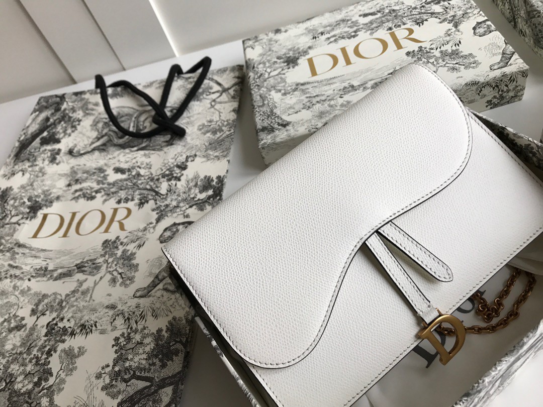 Dior Saddle Chain Pouch In White Grained Calfskin