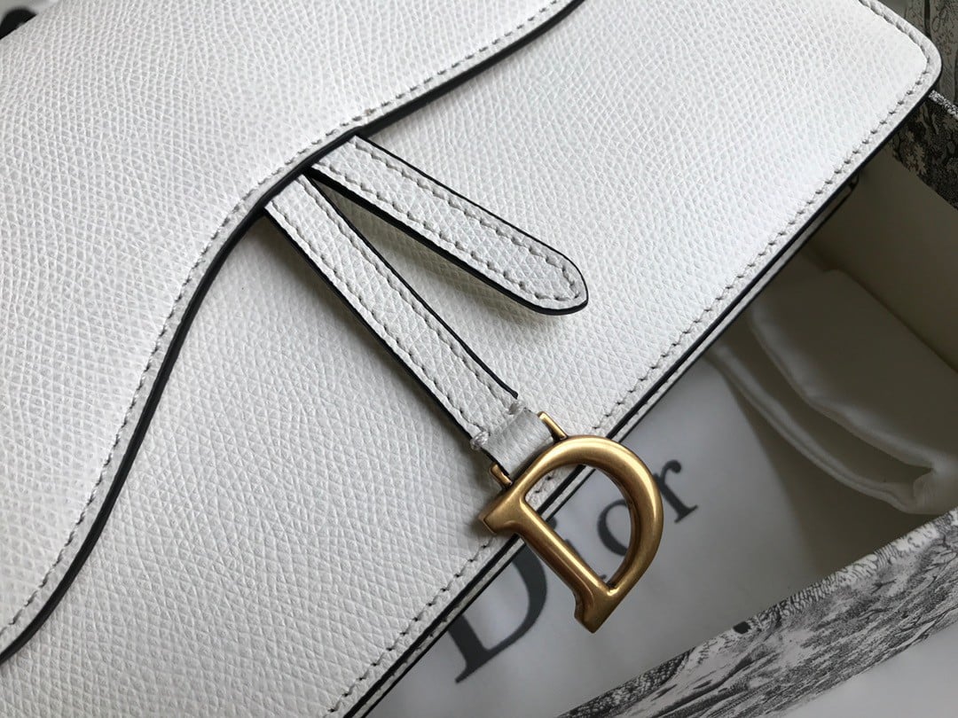 Dior Saddle Chain Pouch In White Grained Calfskin