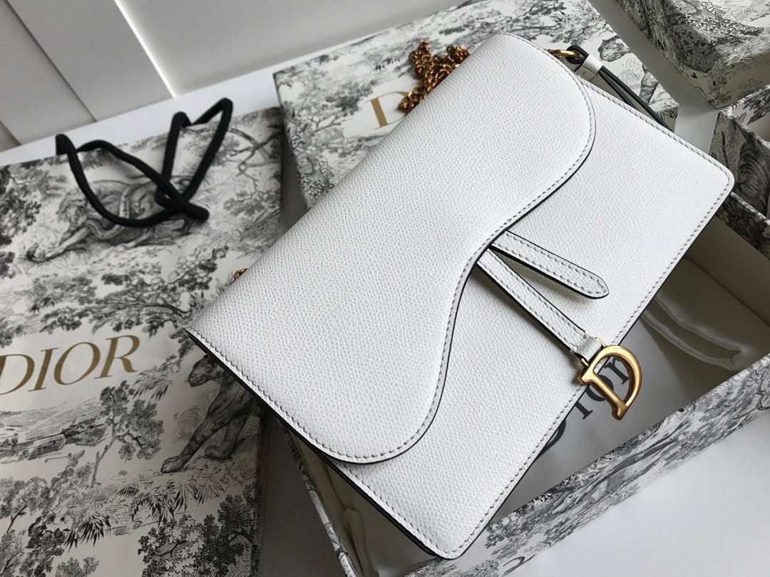 Dior Saddle Chain Pouch In White Grained Calfskin