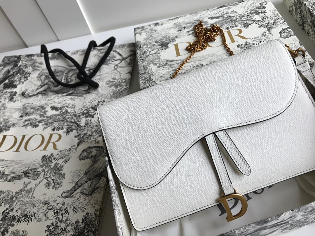 Dior Saddle Chain Pouch In White Grained Calfskin