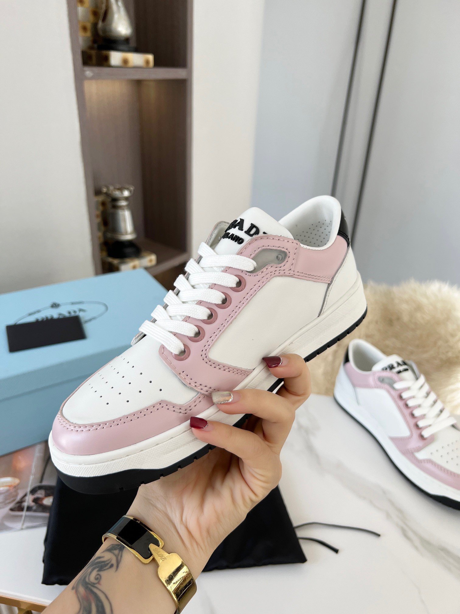 Prada District Sneakers in White and Pink Calfskin