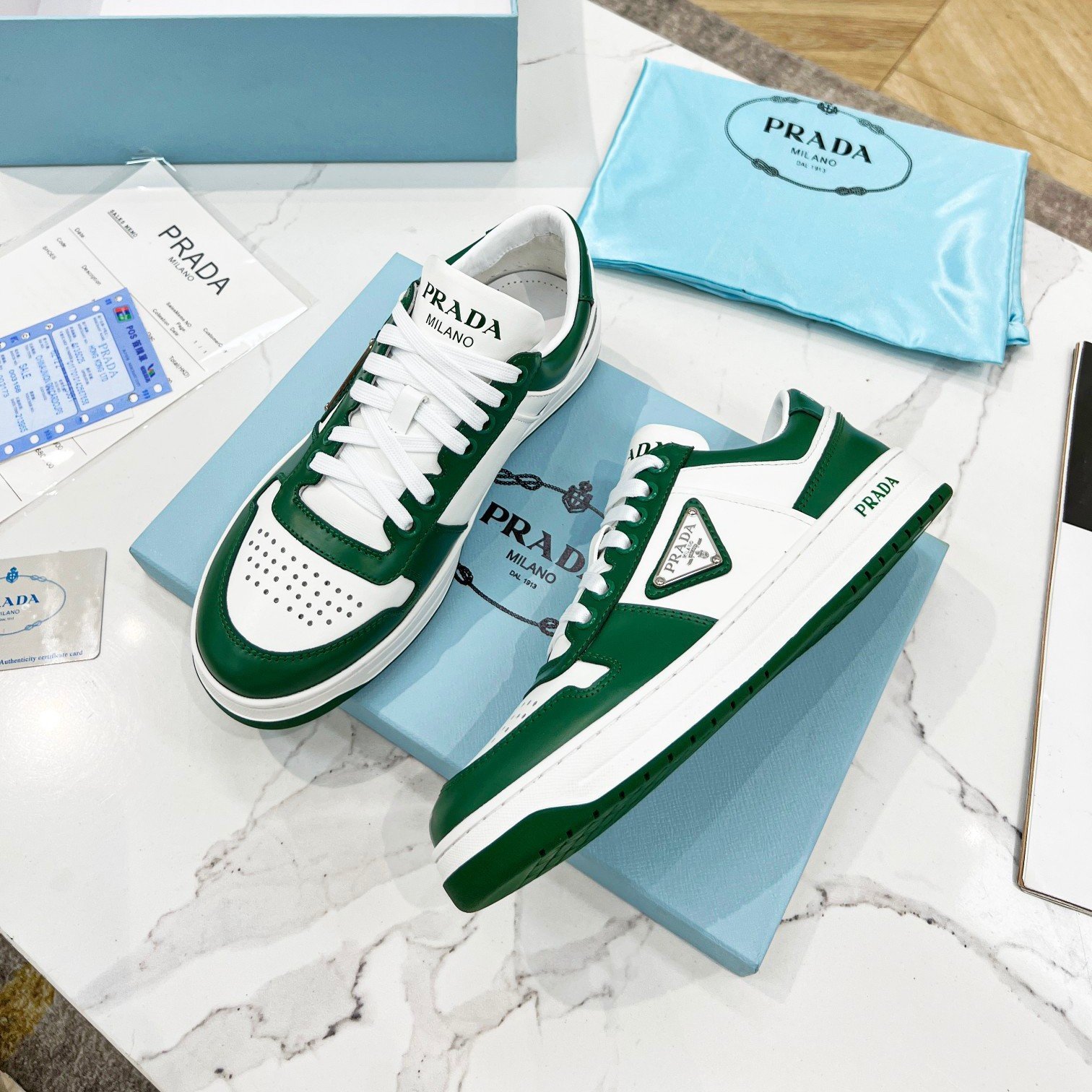 Prada Downtown Sneakers in White and Green Calfskin