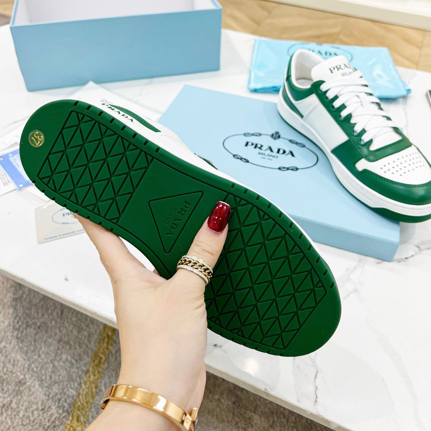 Prada Downtown Sneakers in White and Green Calfskin