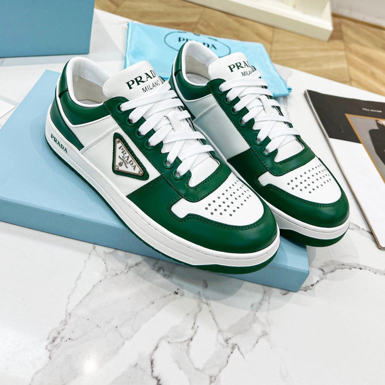 Prada Downtown Sneakers in White and Green Calfskin