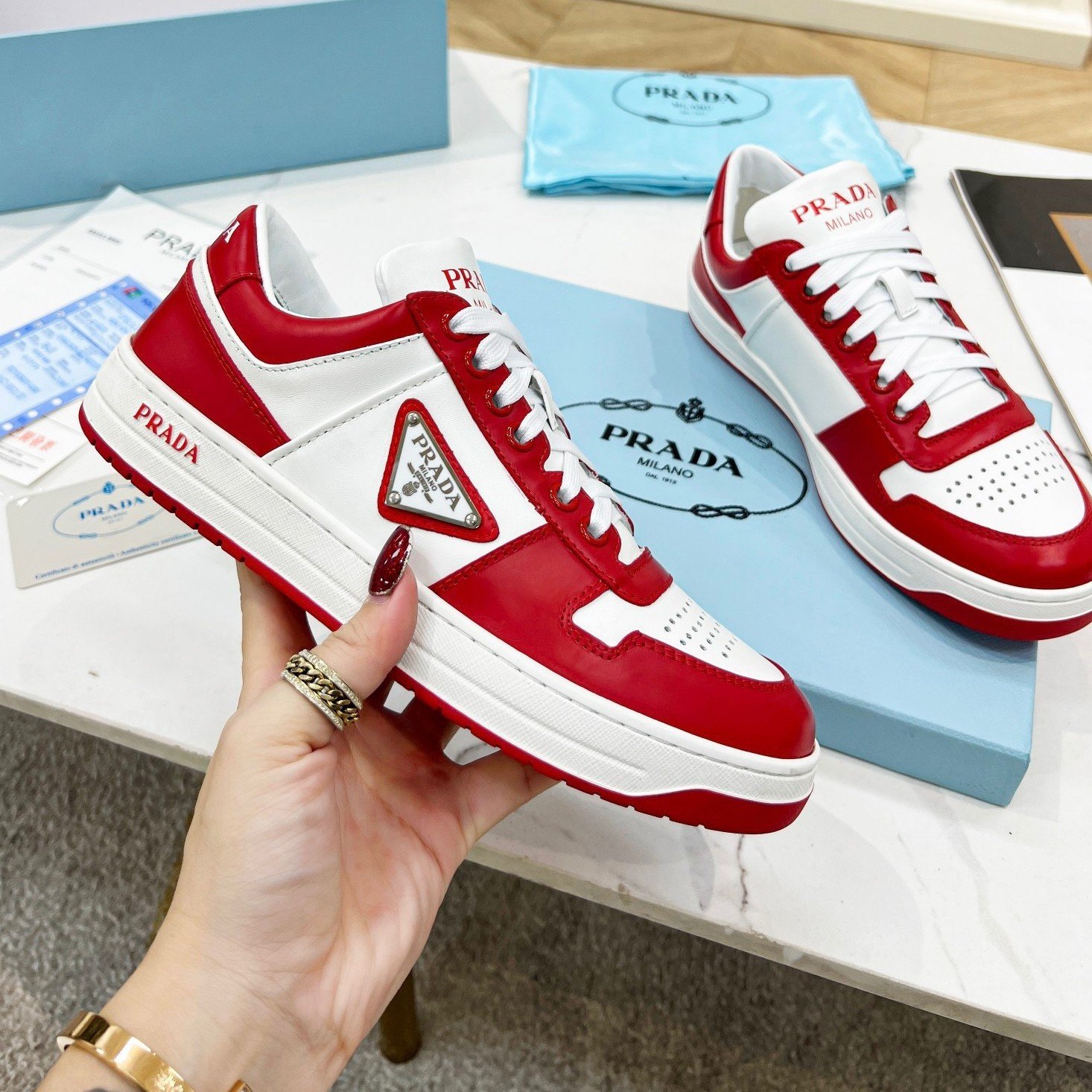 Prada Downtown Sneakers in White and Red Calfskin