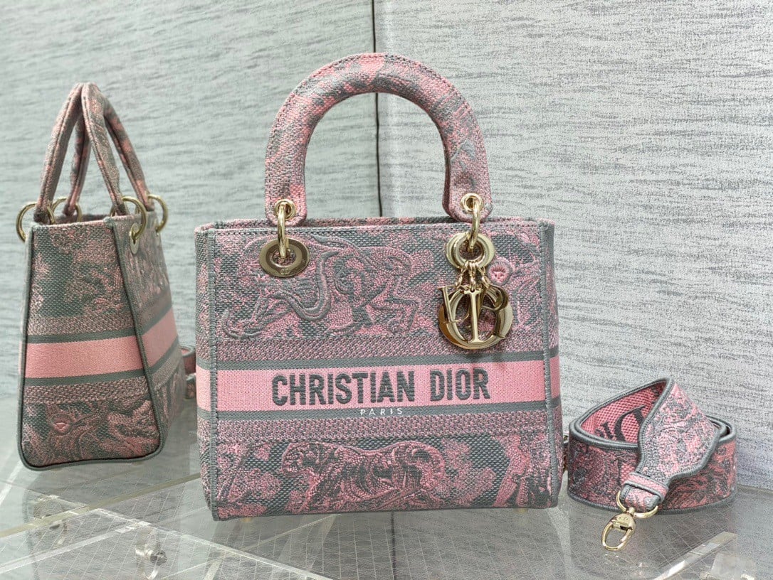 Dior Lady D-Lite Medium Bag in Grey and Pink Toile de Jouy Reverse Embroidery