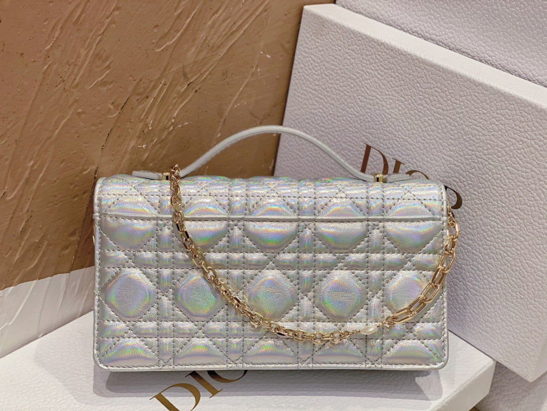 Dior Miss Dior Mini Bag In Iridescent Metallic Silver Lambskin