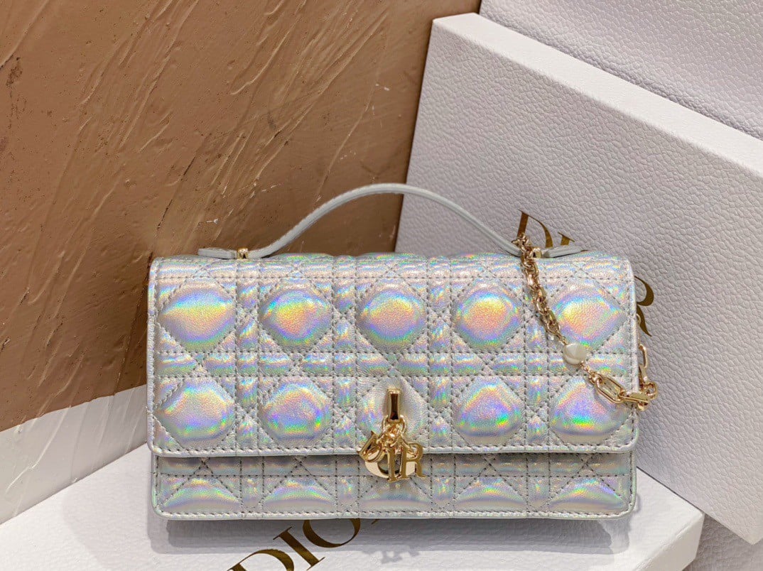 Dior Miss Dior Mini Bag In Iridescent Metallic Silver Lambskin