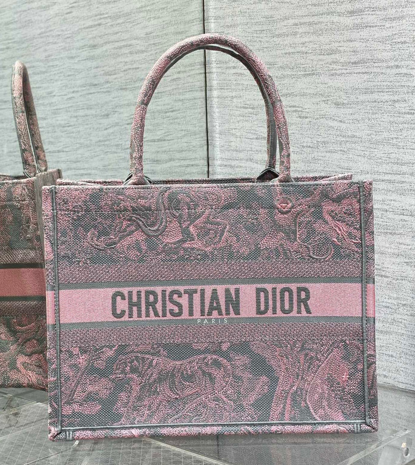 Dior Medium Book Tote Bag in Grey and Pink Toile de Jouy Reverse Embroidery