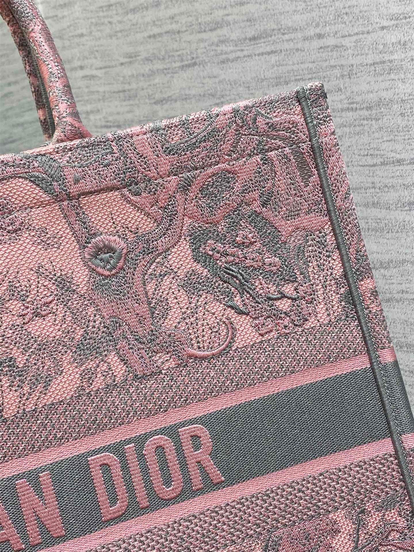 Dior Large Book Tote Bag in Pink and Gray Toile de Jouy Sauvage Embroidery