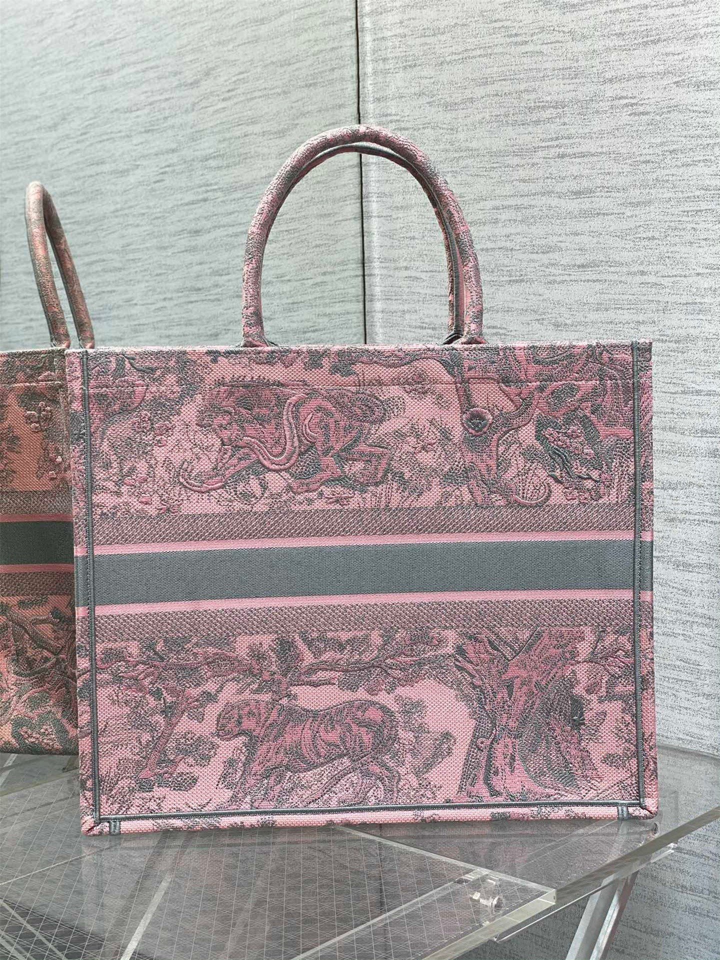 Dior Large Book Tote Bag in Pink and Gray Toile de Jouy Sauvage Embroidery