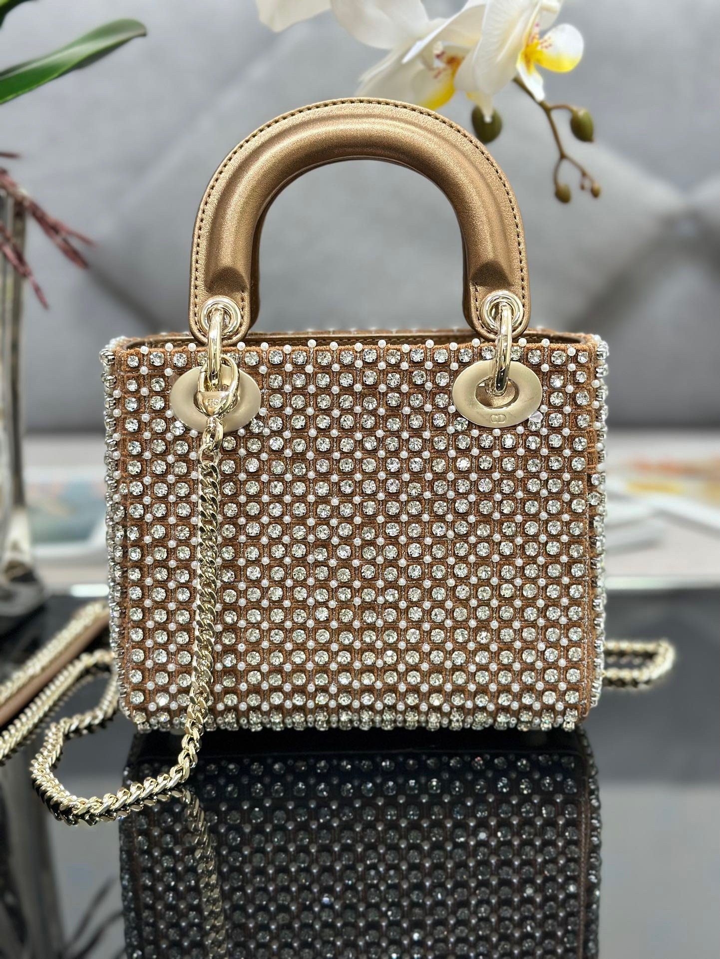 Dior Lady Dior Mini Chain Bag in Square with Strass and Beads