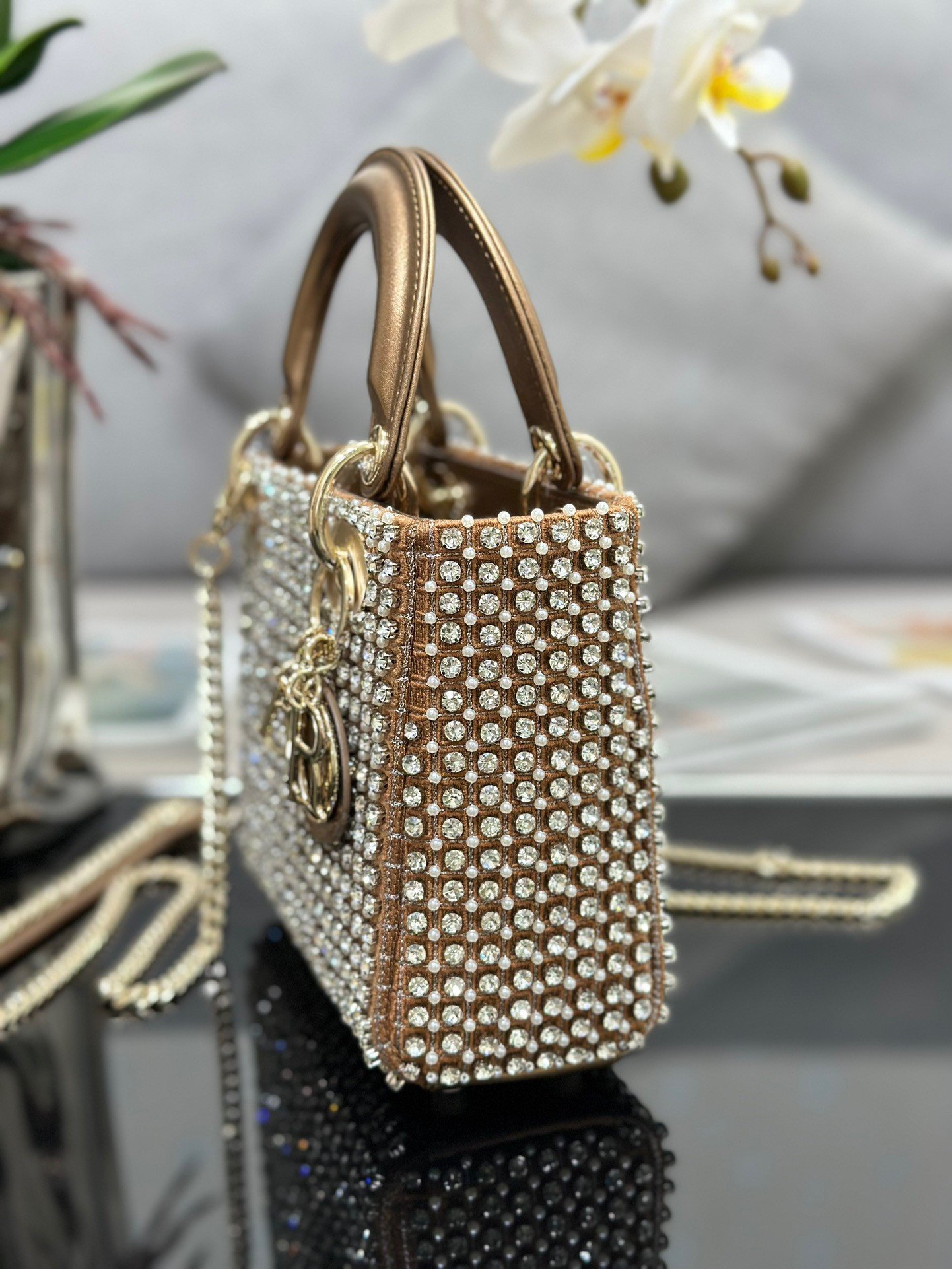 Dior Lady Dior Mini Chain Bag in Square with Strass and Beads