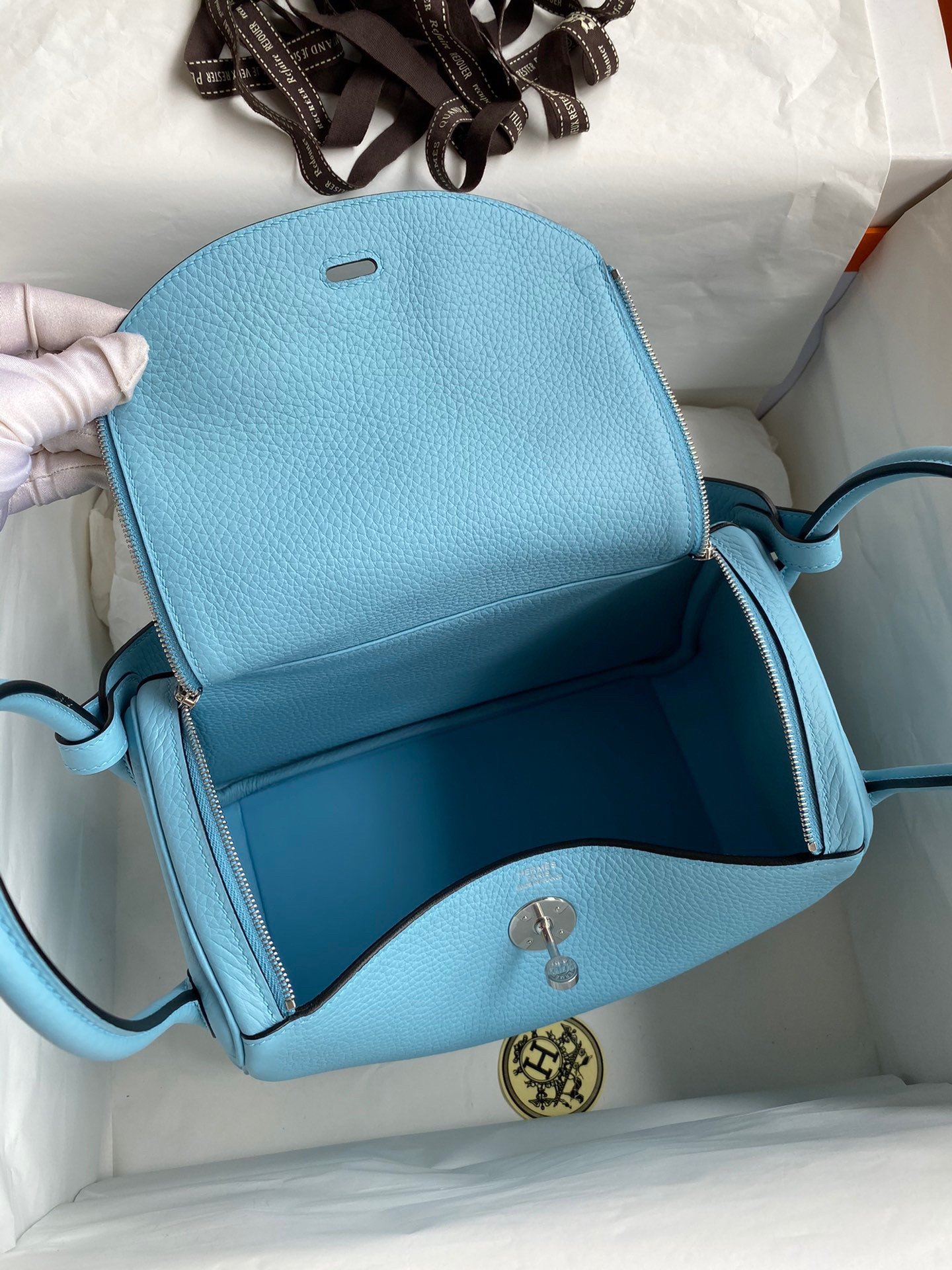 Hermes Lindy 26 Handmade Bag In Blue Atoll Clemence Leather