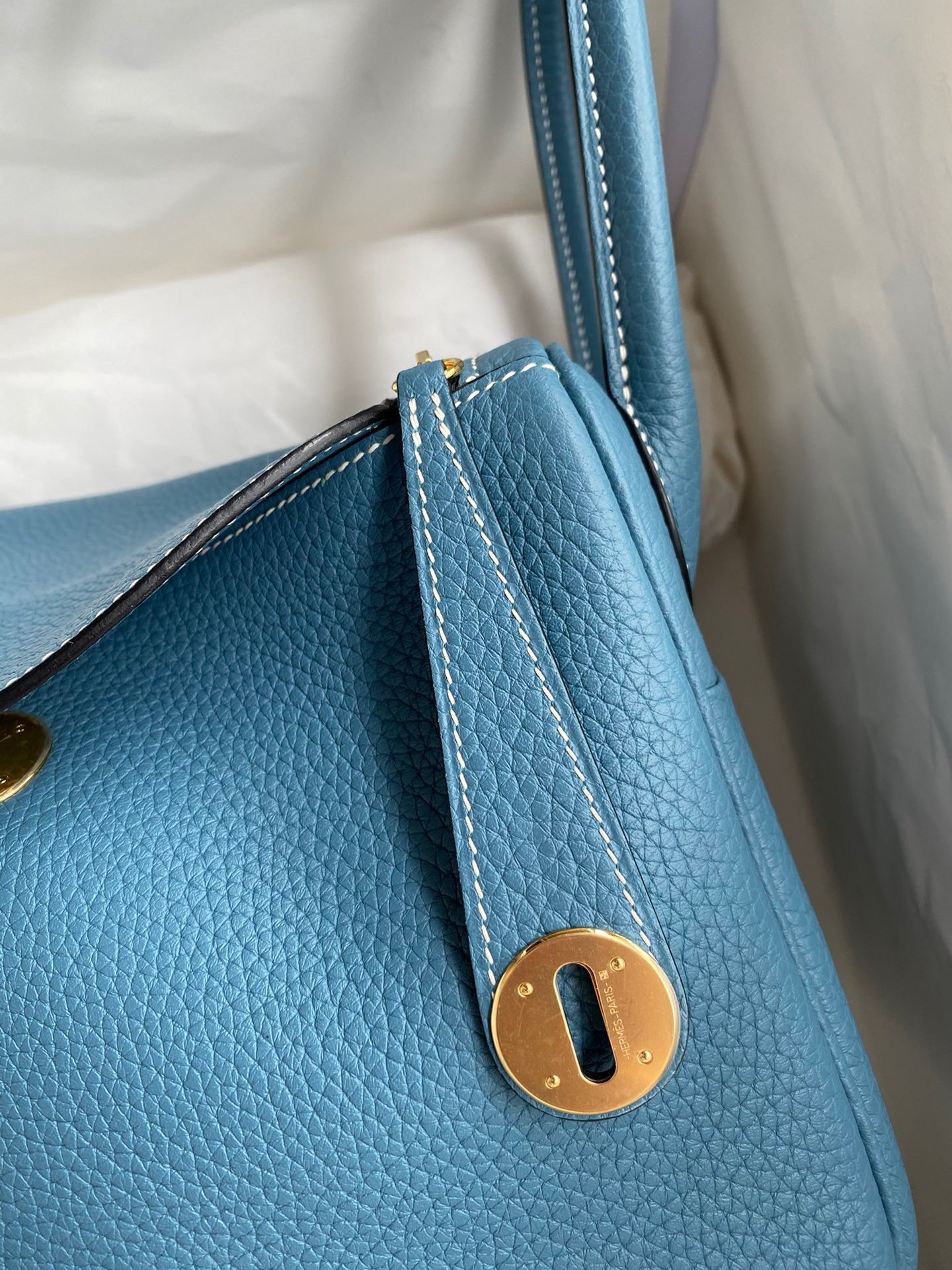 Hermes Lindy 26 Handmade Bag In Blue Jean Clemence Leather