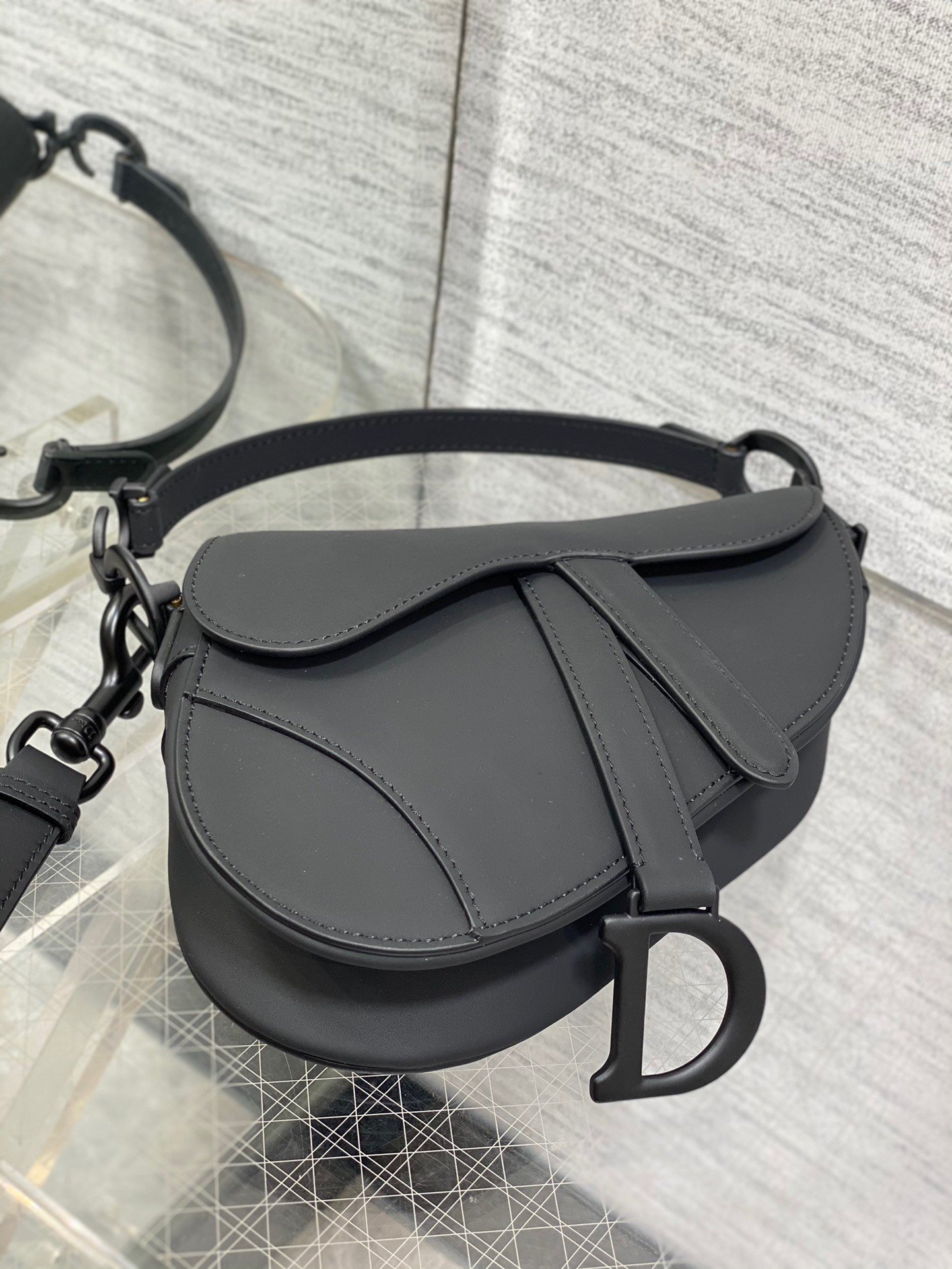 Dior Mini Saddle Bag with Strap in Black Ultramatte Calfskin