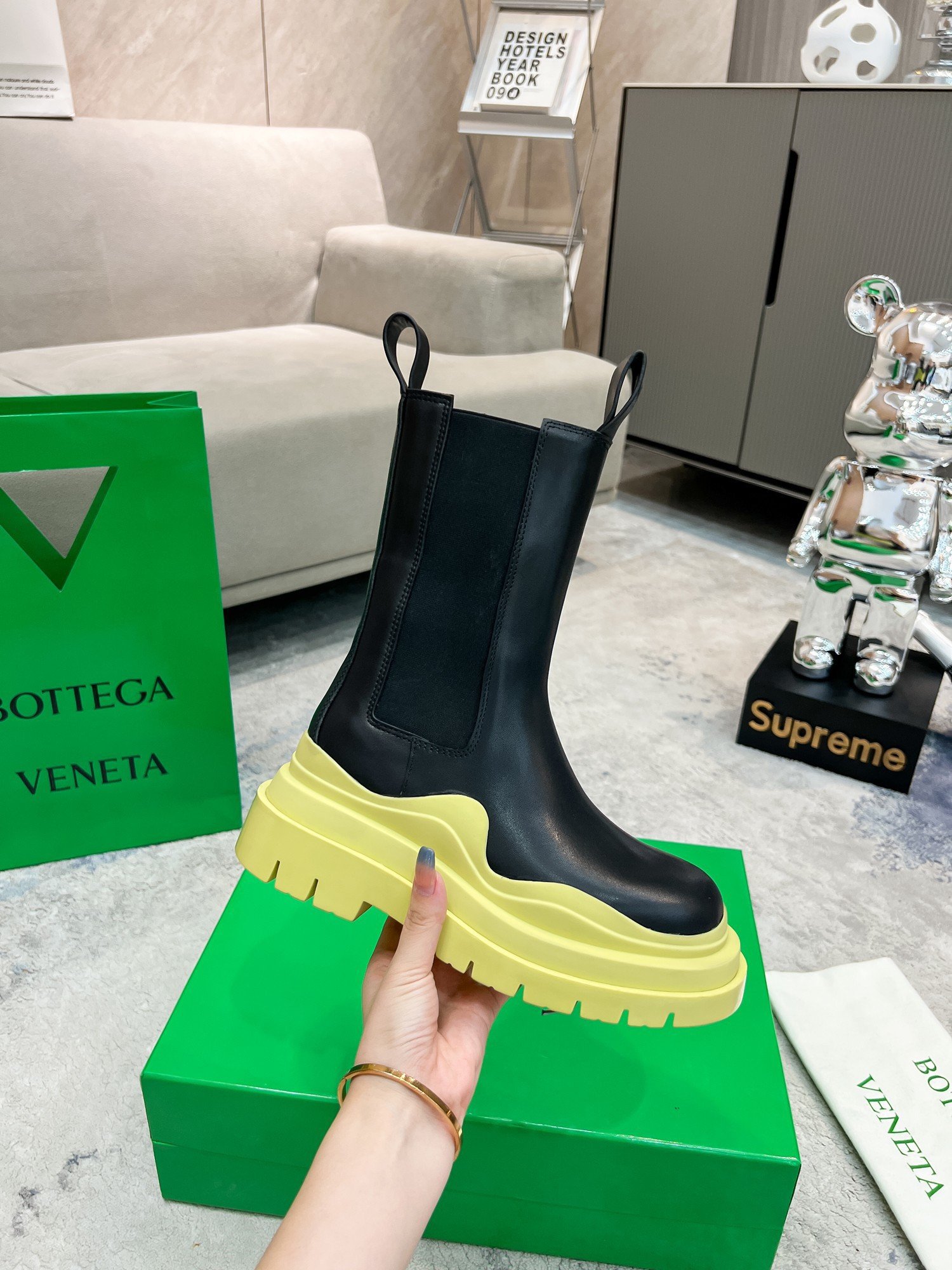 Bottega Veneta BV Tire Chelsea Boots with Yellow Outsole