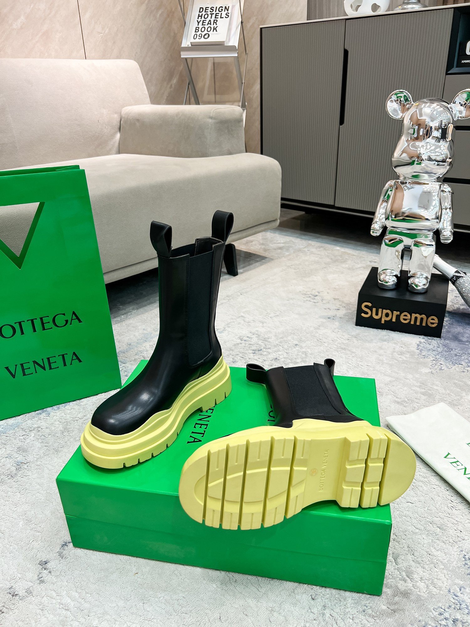 Bottega Veneta BV Tire Chelsea Boots with Yellow Outsole