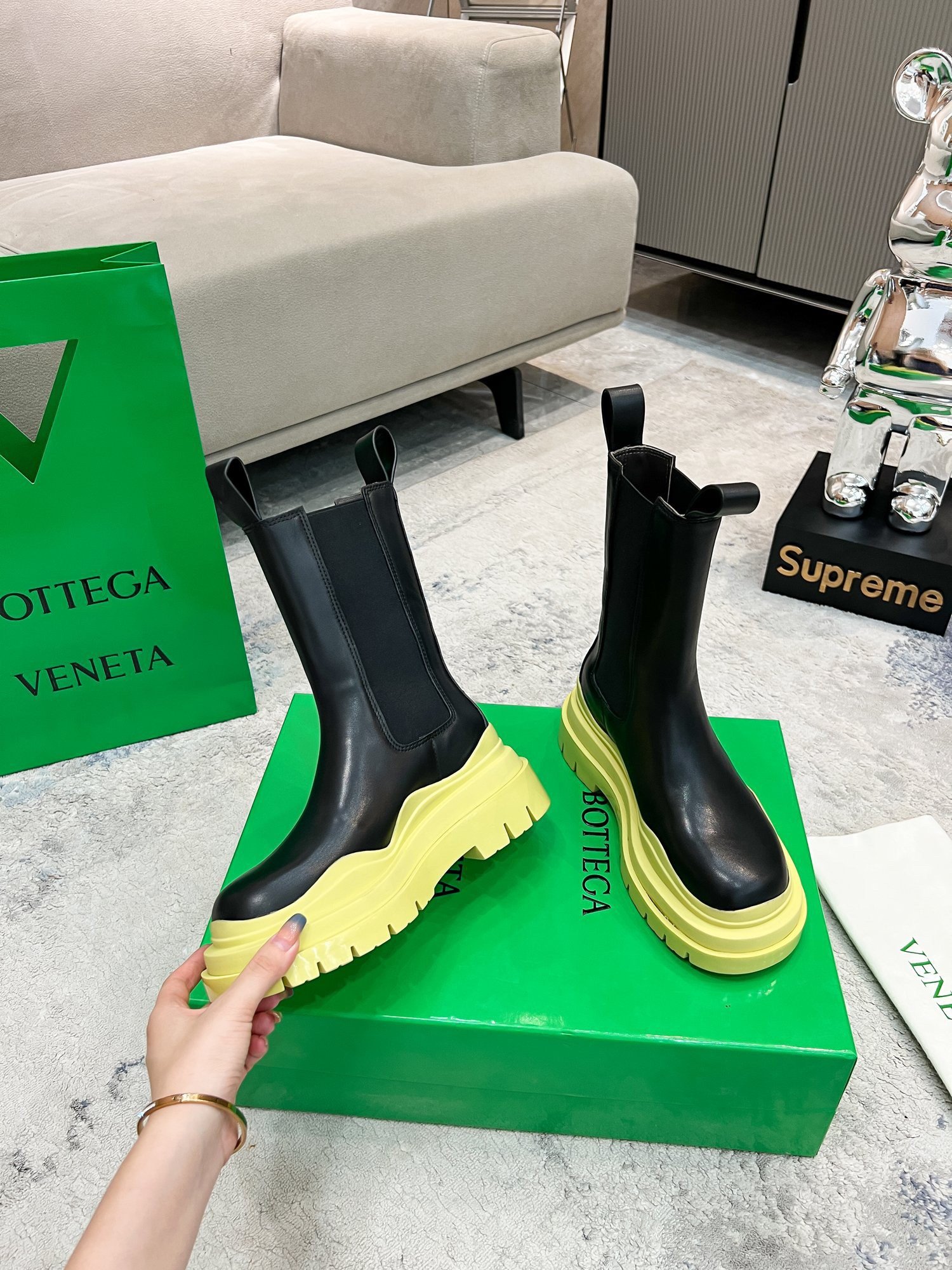 Bottega Veneta BV Tire Chelsea Boots with Yellow Outsole