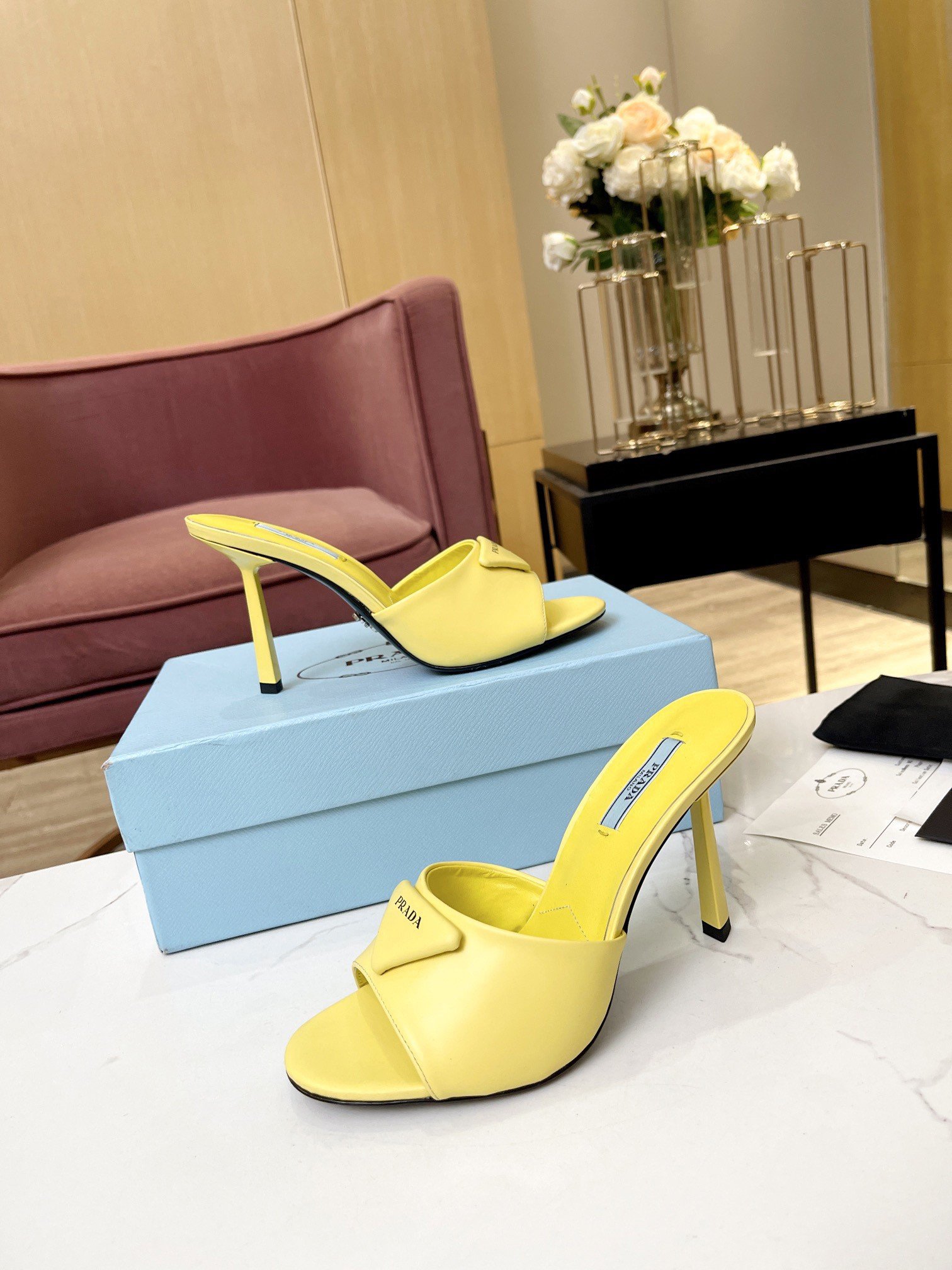 Prada Heeled Sandals 75mm in Yellow Brushed Leather