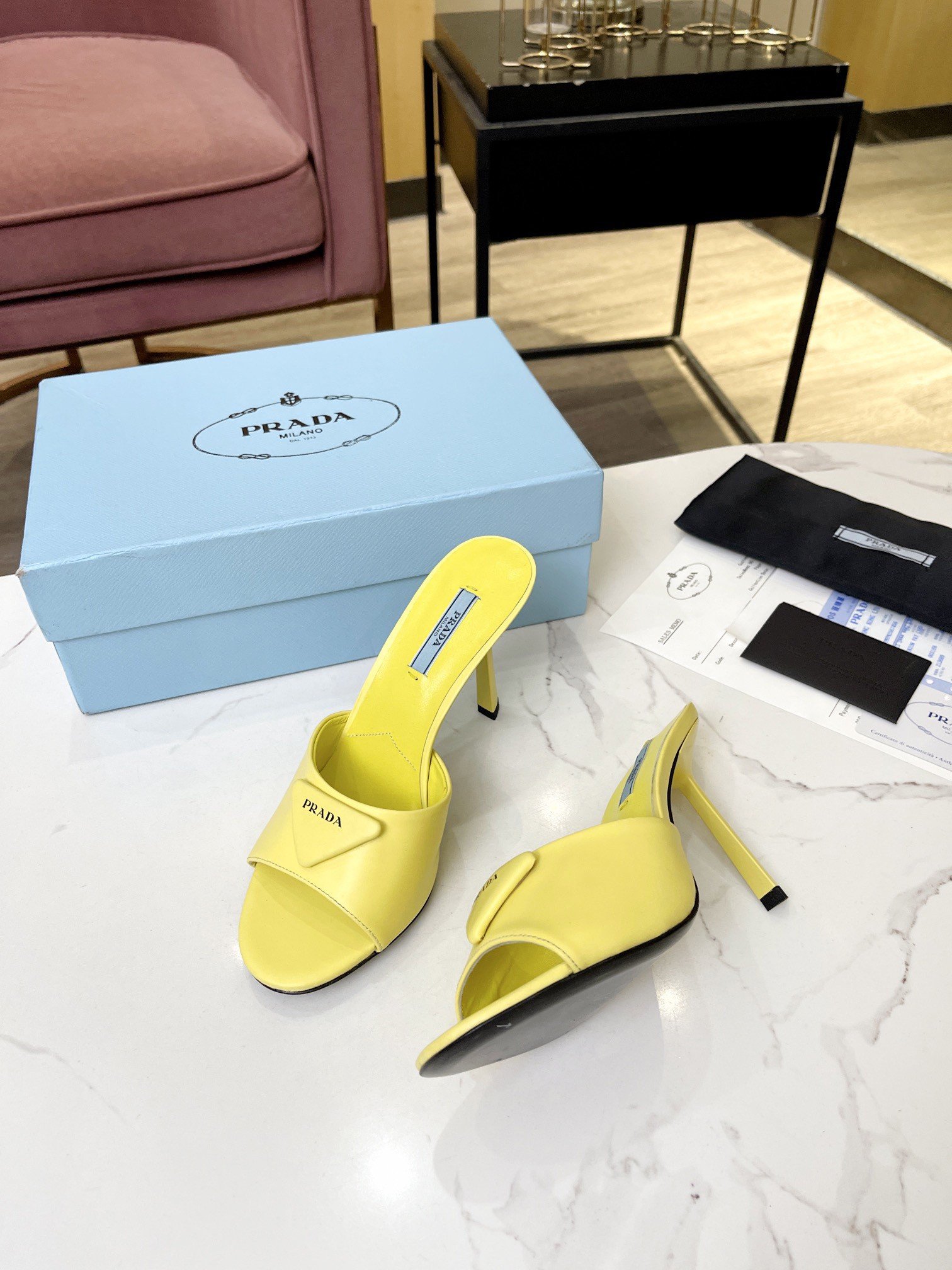 Prada Heeled Sandals 75mm in Yellow Brushed Leather