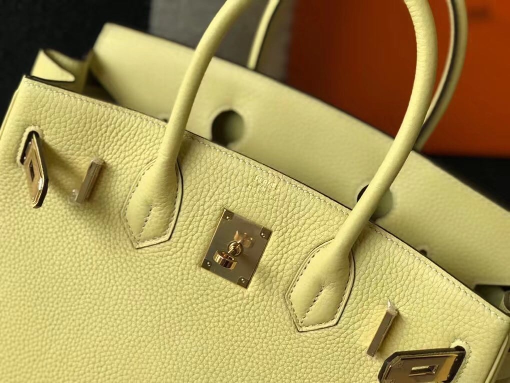 Hermes Birkin 30 Bag in Jaune Poussin Clemence Leather with GHW