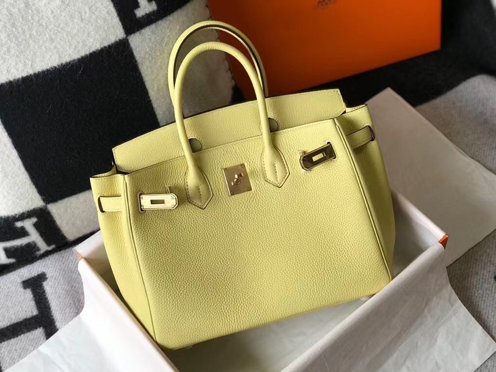 Hermes Birkin 30 Bag in Jaune Poussin Clemence Leather with GHW