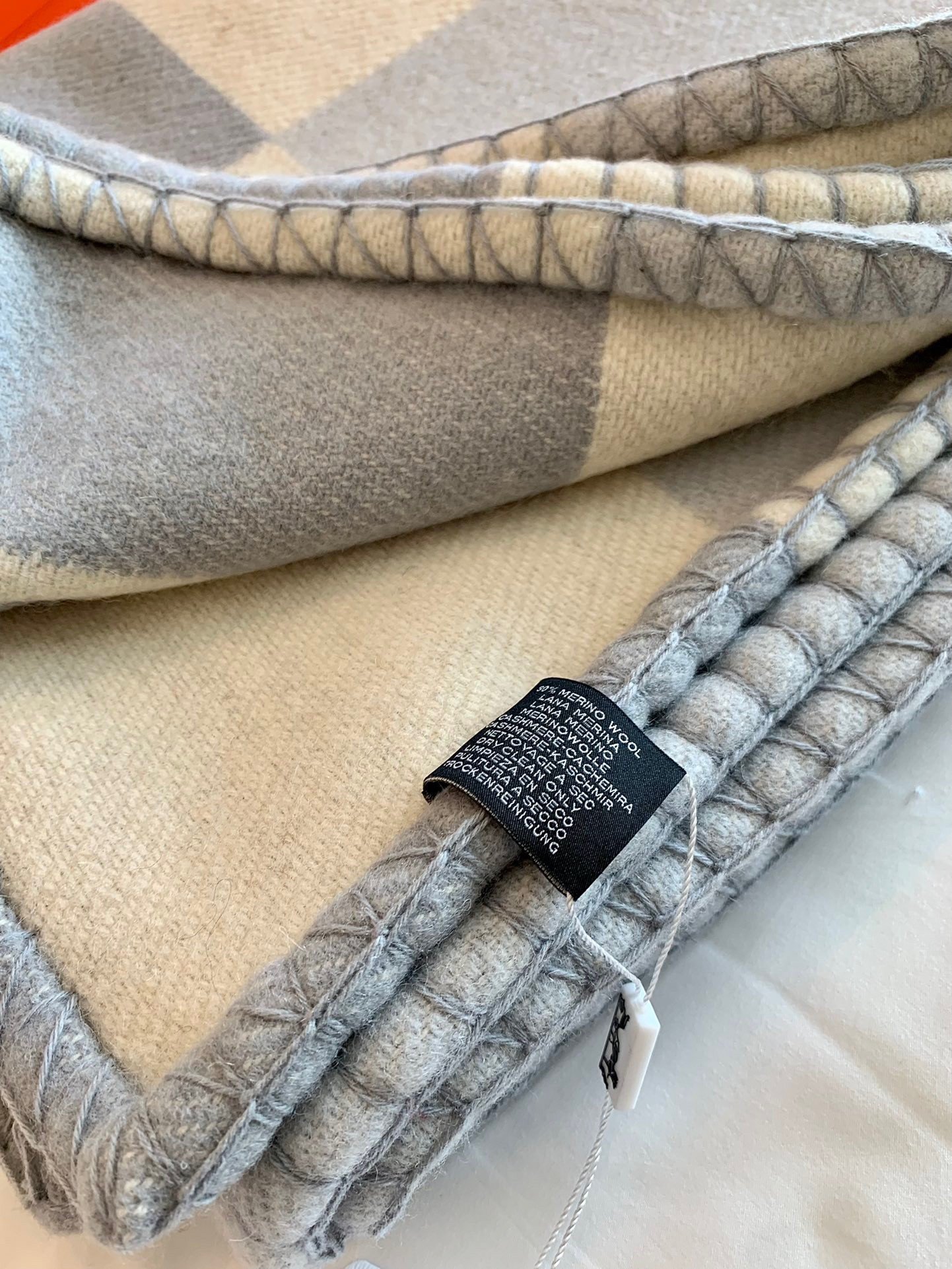 Hermes H Drapeau Blanket in Acier and Perle Cashmere