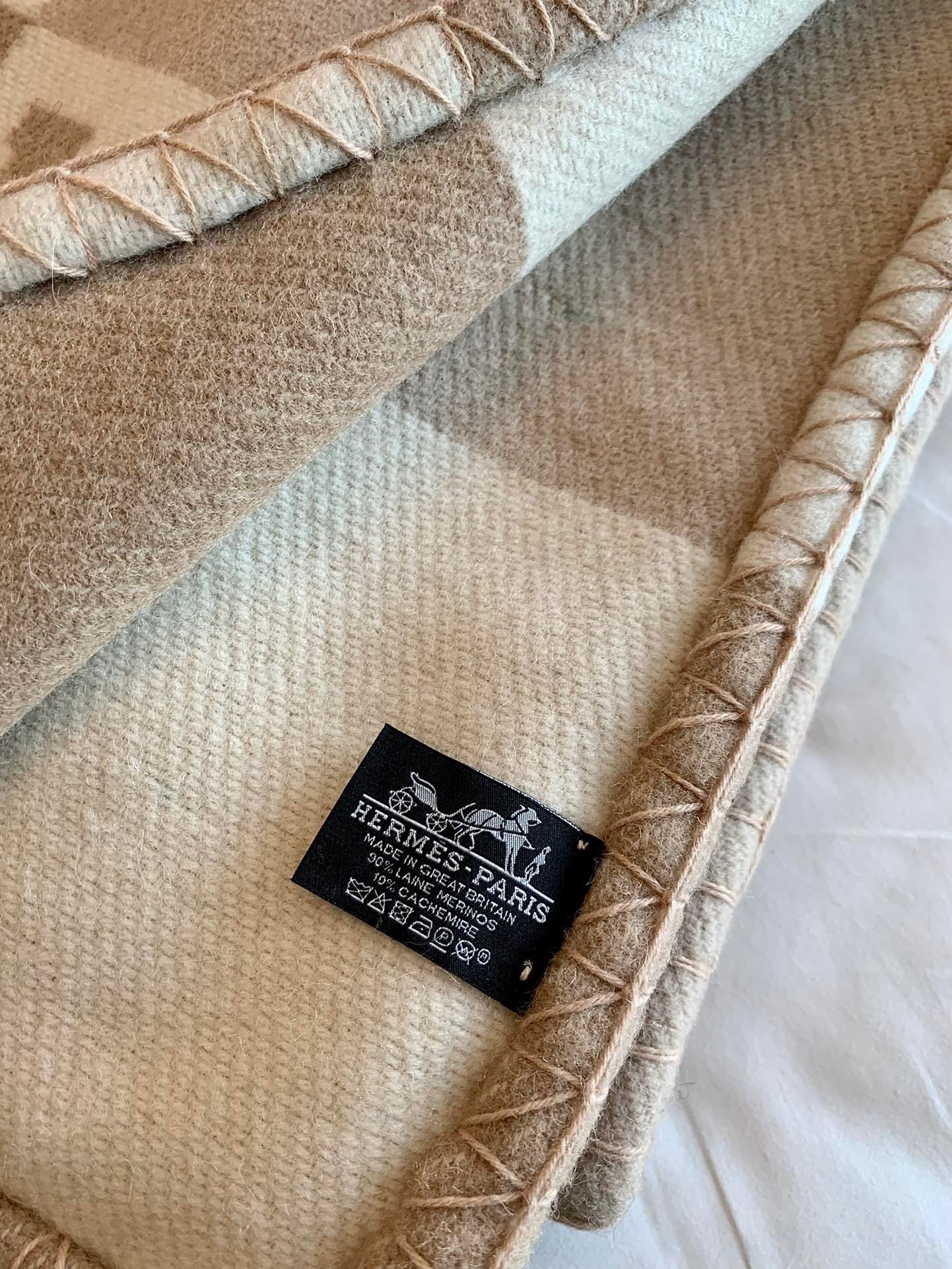 Hermes H Drapeau Blanket in Naturel and Grege Cashmere