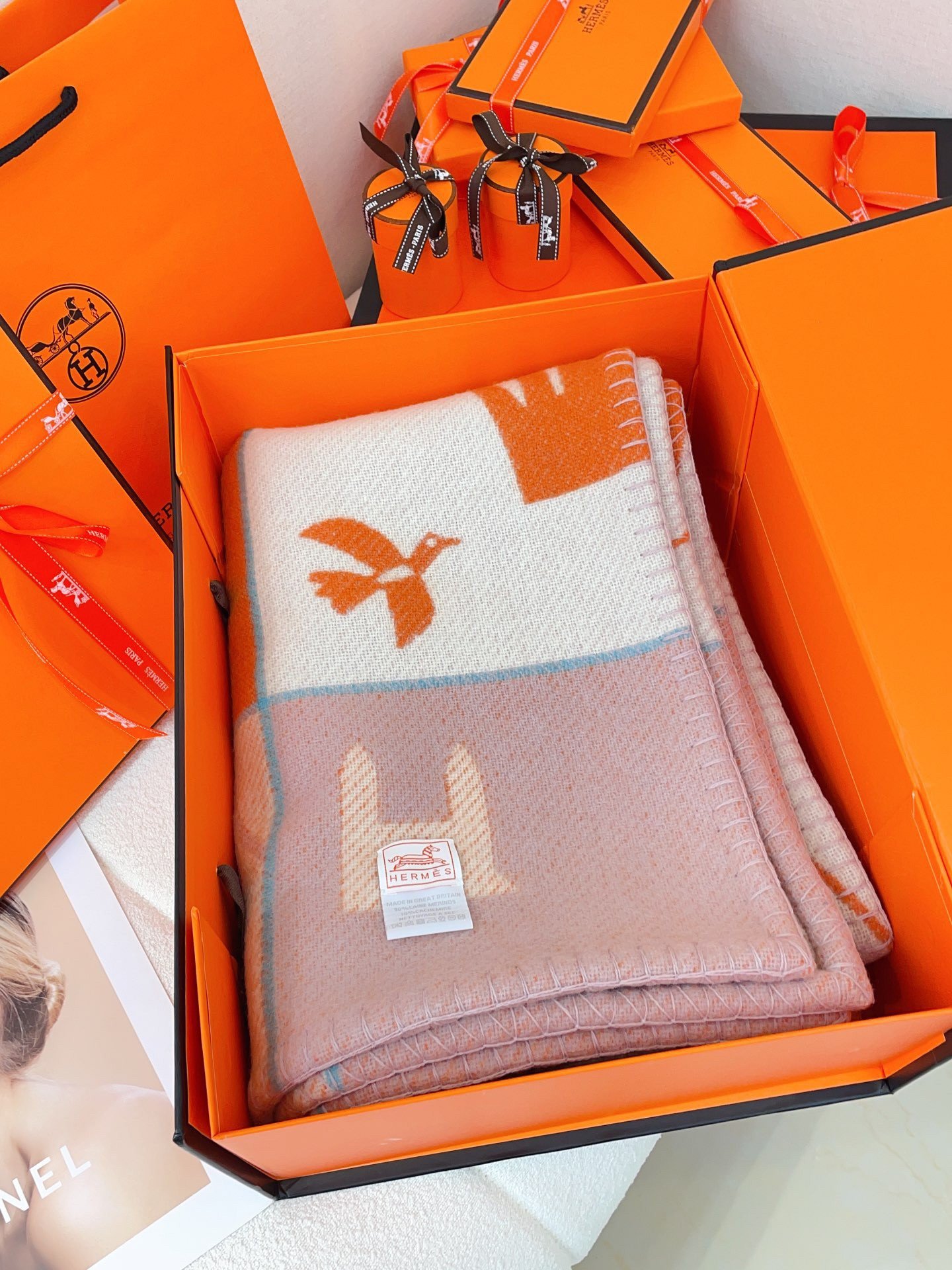 Hermes Avalon Epopee Blanket in Mandarine Wool and Cashmere