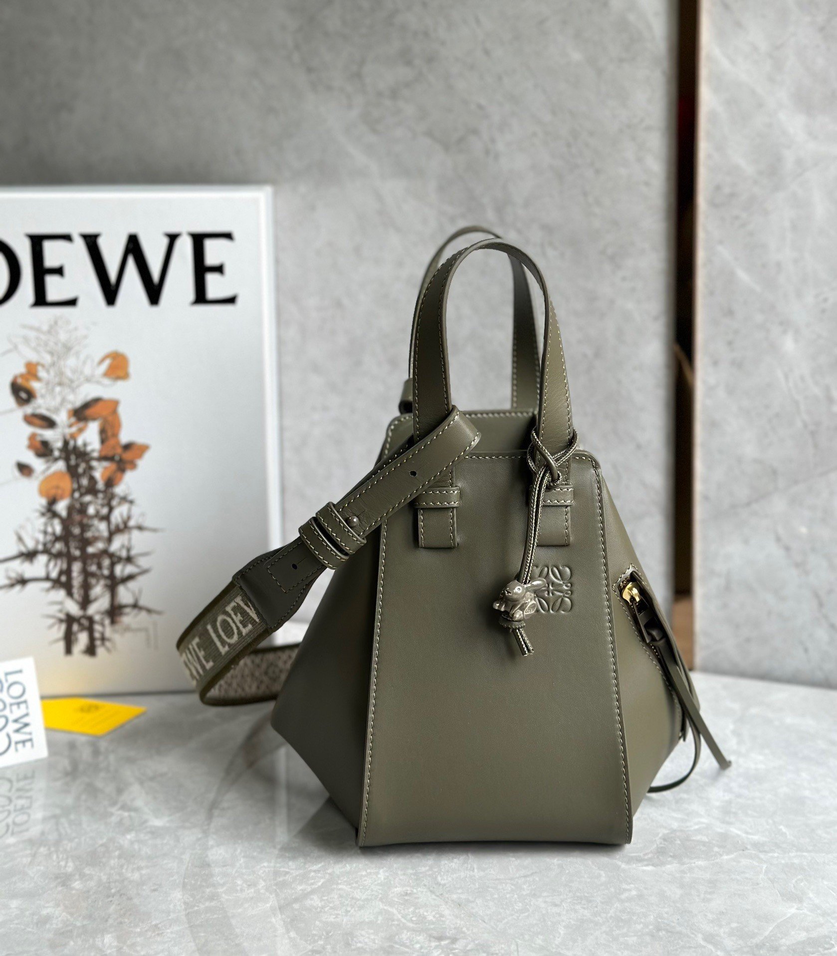 Loewe Compact Hammock Bag in Khaki Green Satin Calfskin