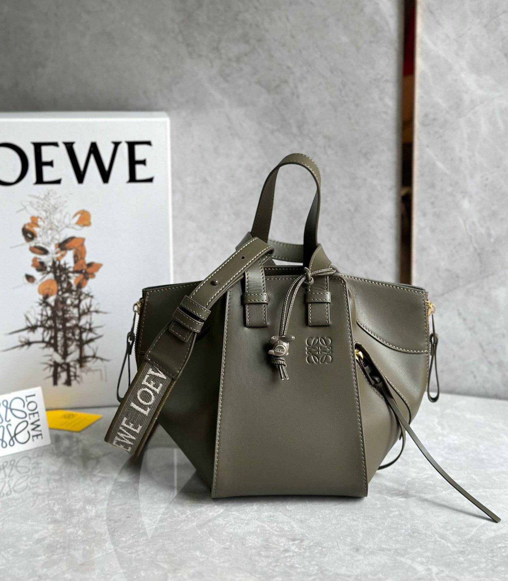 Loewe Compact Hammock Bag in Khaki Green Satin Calfskin