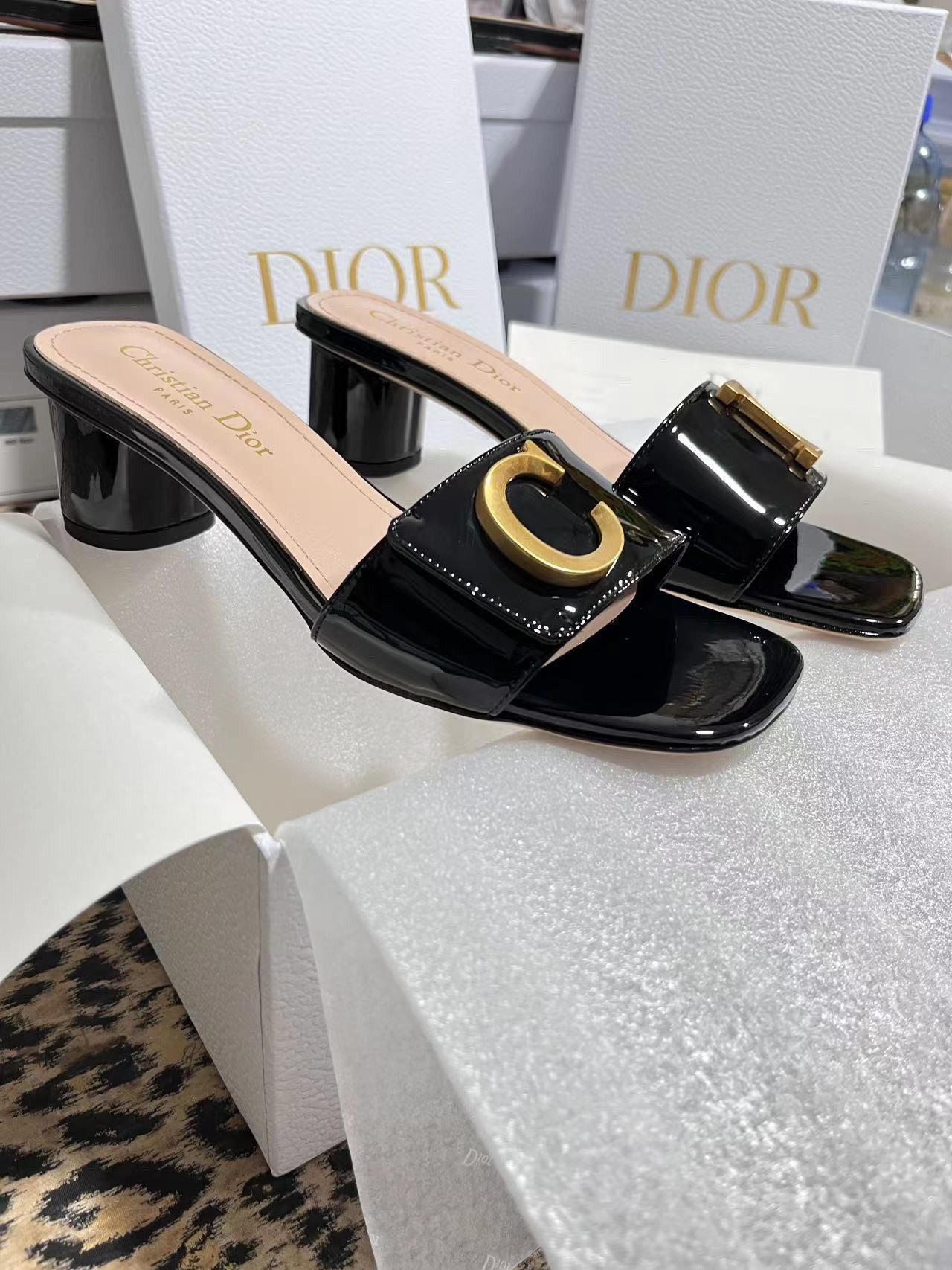 Dior C'est Heeled 50MM Slides in Black Patent Calfskin