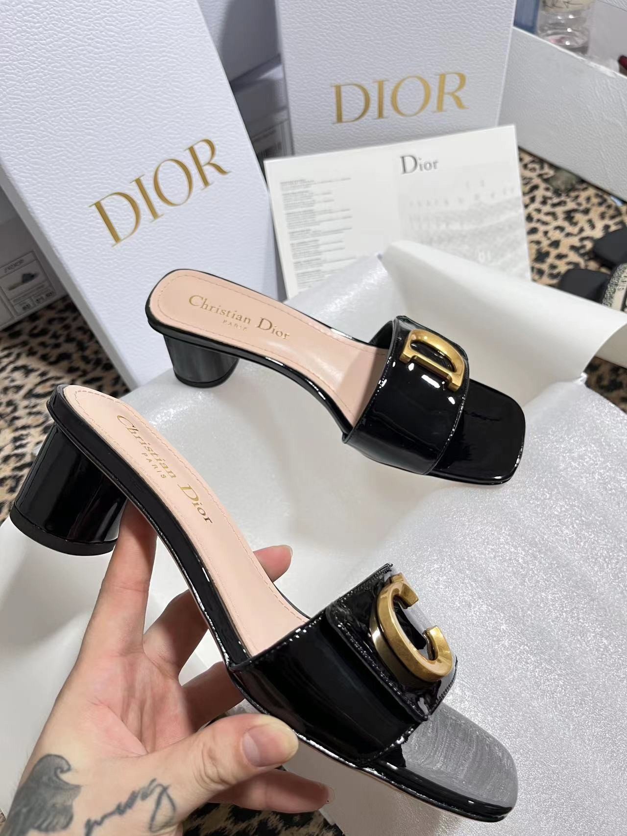 Dior C'est Heeled 50MM Slides in Black Patent Calfskin