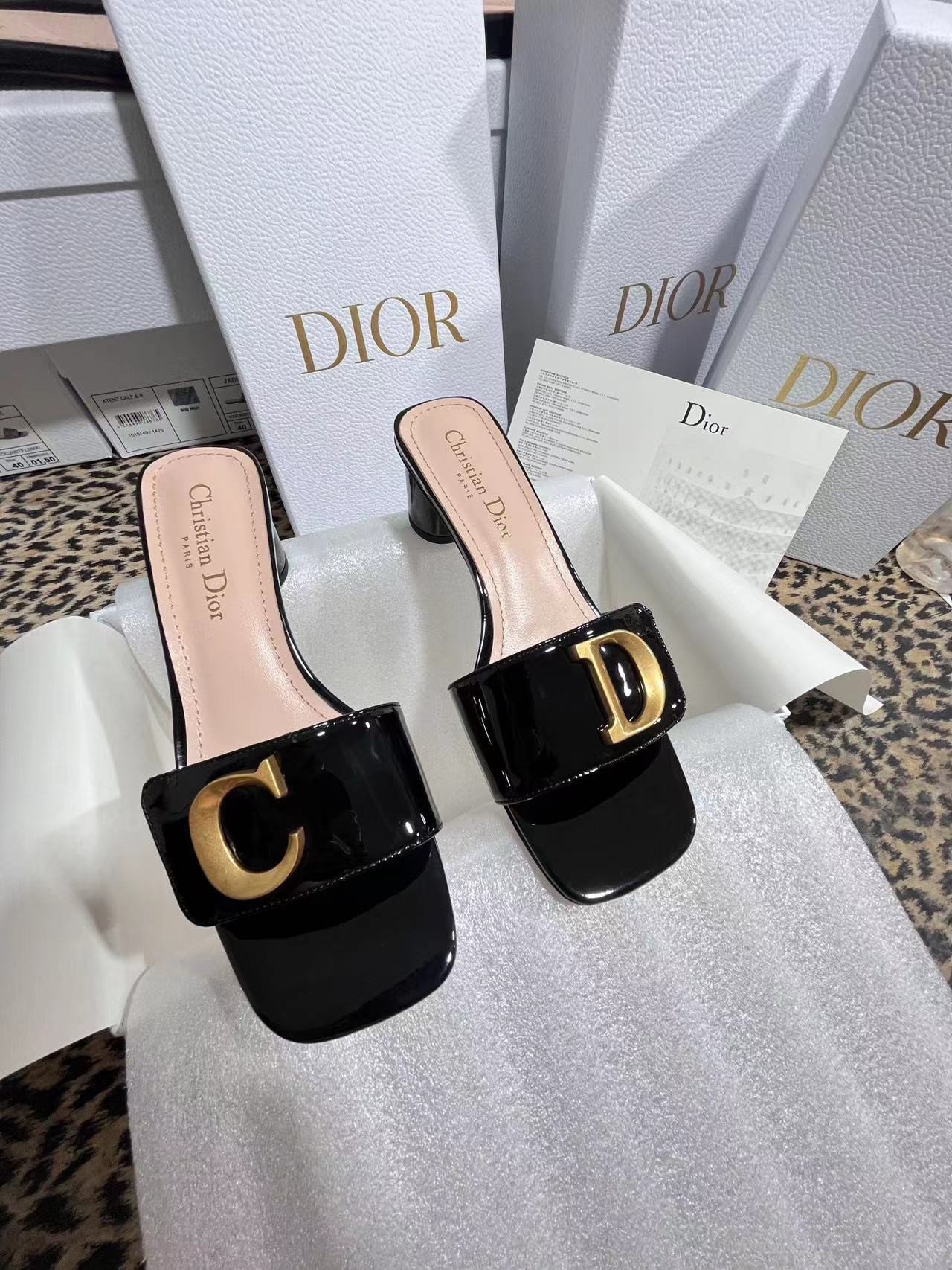 Dior C'est Heeled 50MM Slides in Black Patent Calfskin