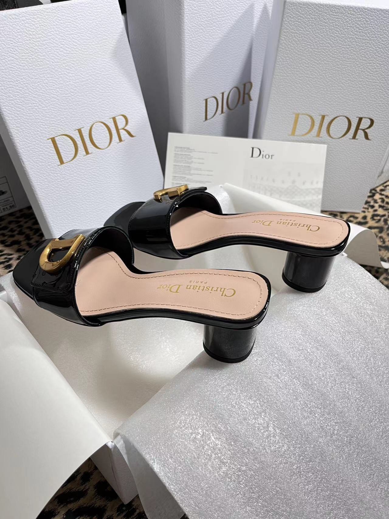 Dior C'est Heeled 50MM Slides in Black Patent Calfskin