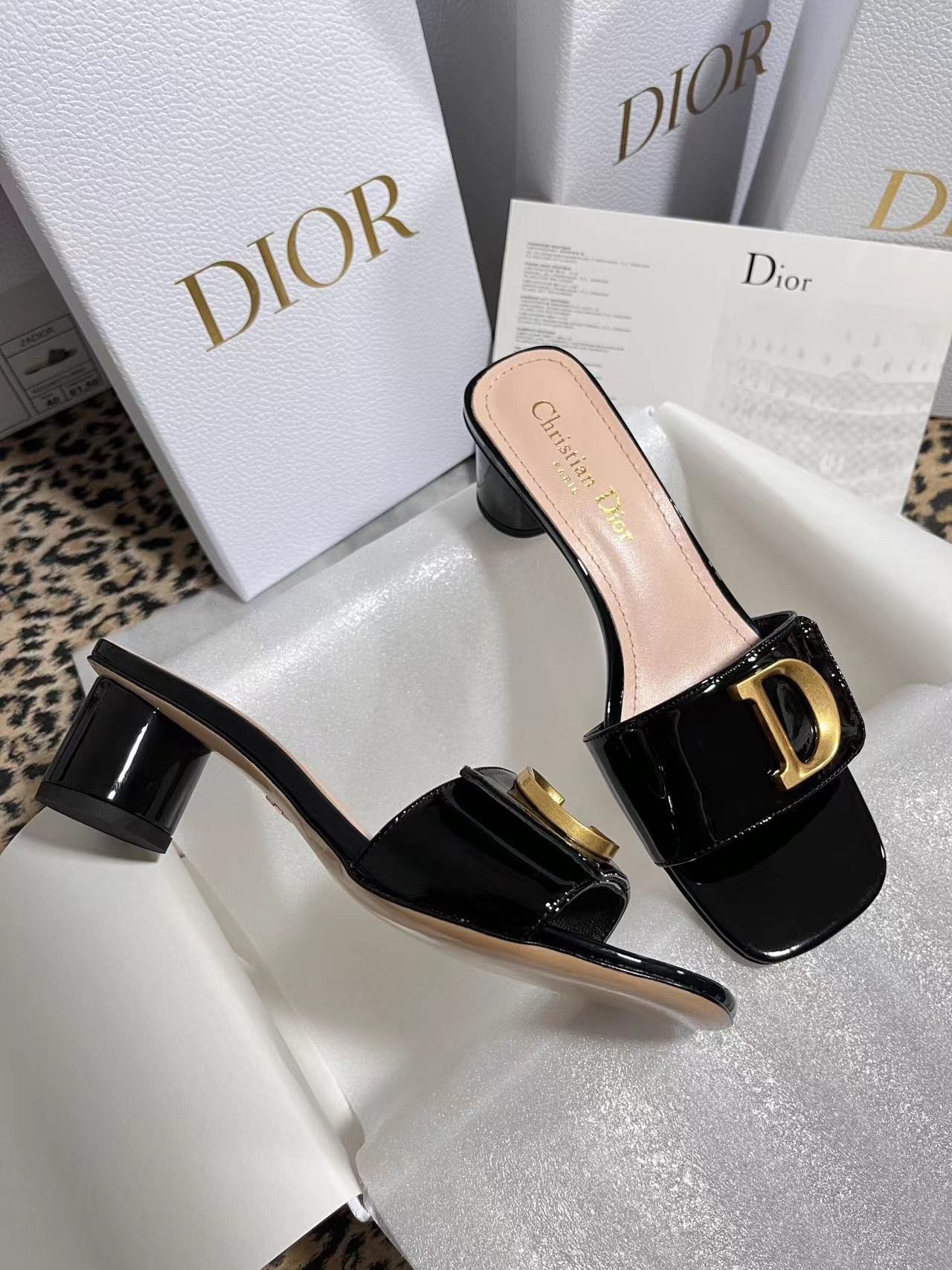 Dior C'est Heeled 50MM Slides in Black Patent Calfskin