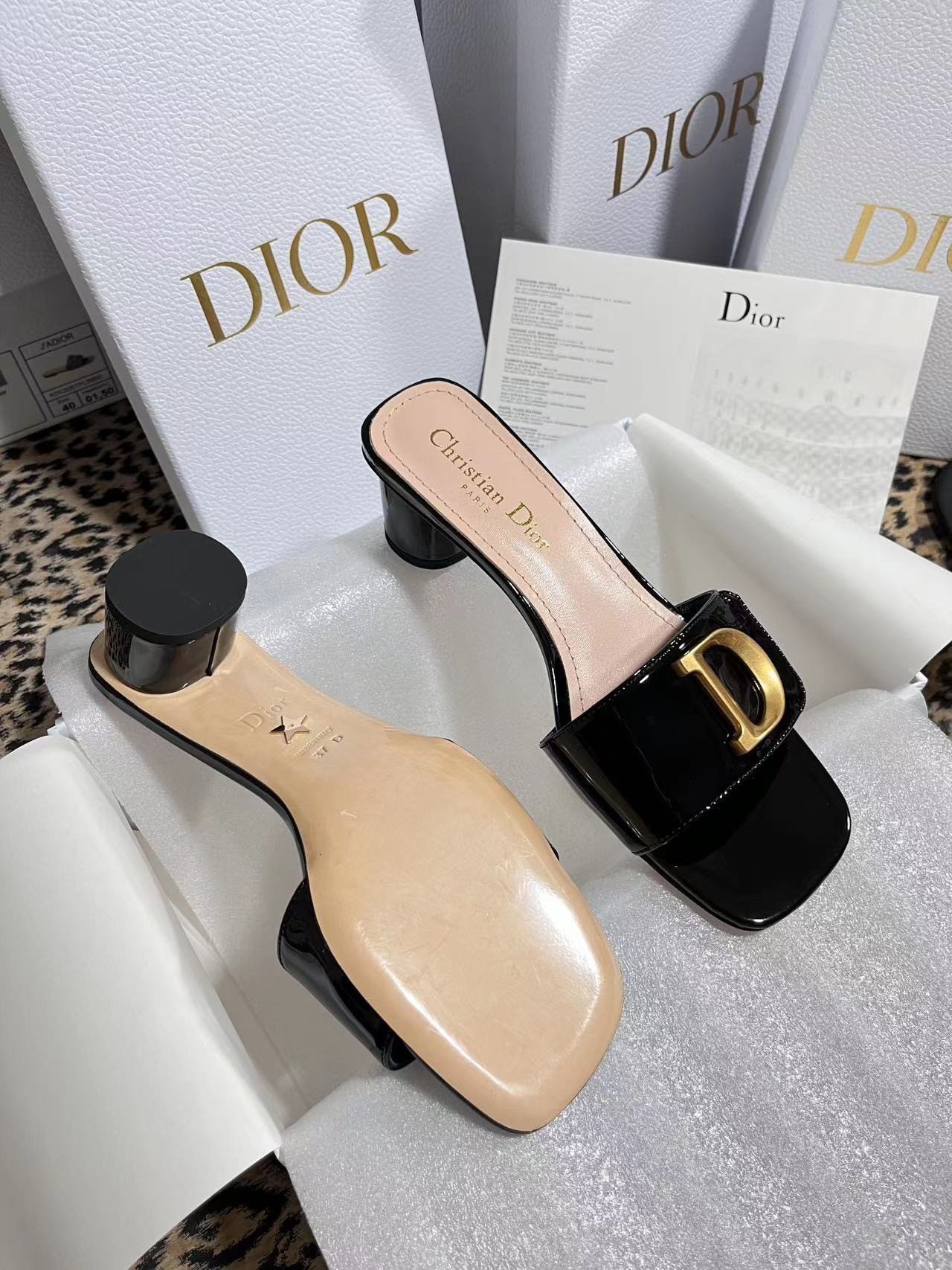 Dior C'est Heeled 50MM Slides in Black Patent Calfskin