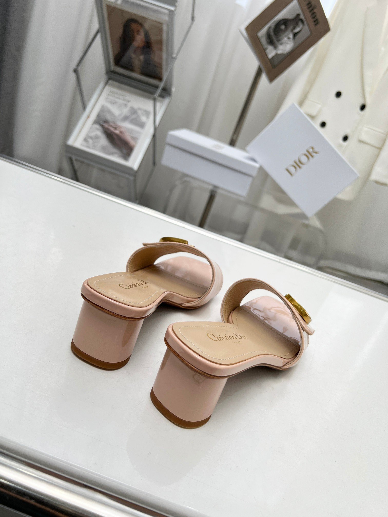 Dior C'est Heeled 50MM Slides in Nude Patent Calfskin