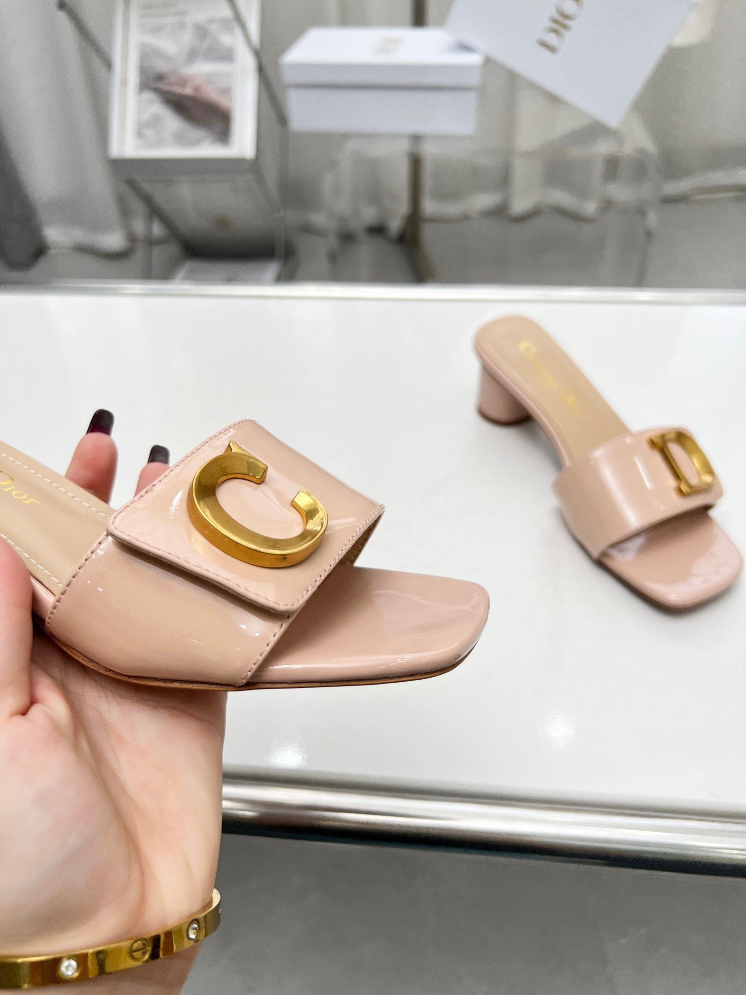 Dior C'est Heeled 50MM Slides in Nude Patent Calfskin