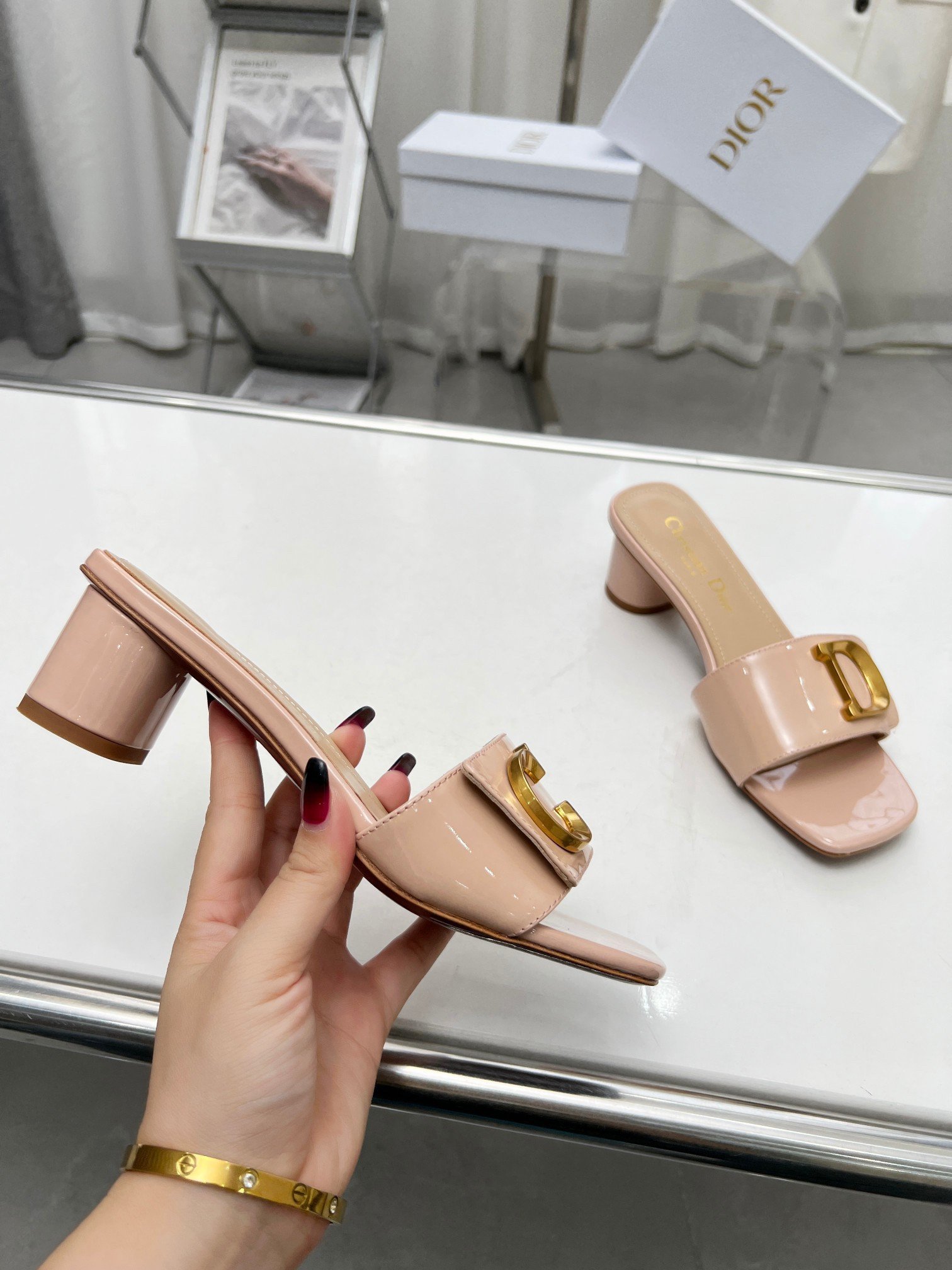 Dior C'est Heeled 50MM Slides in Nude Patent Calfskin