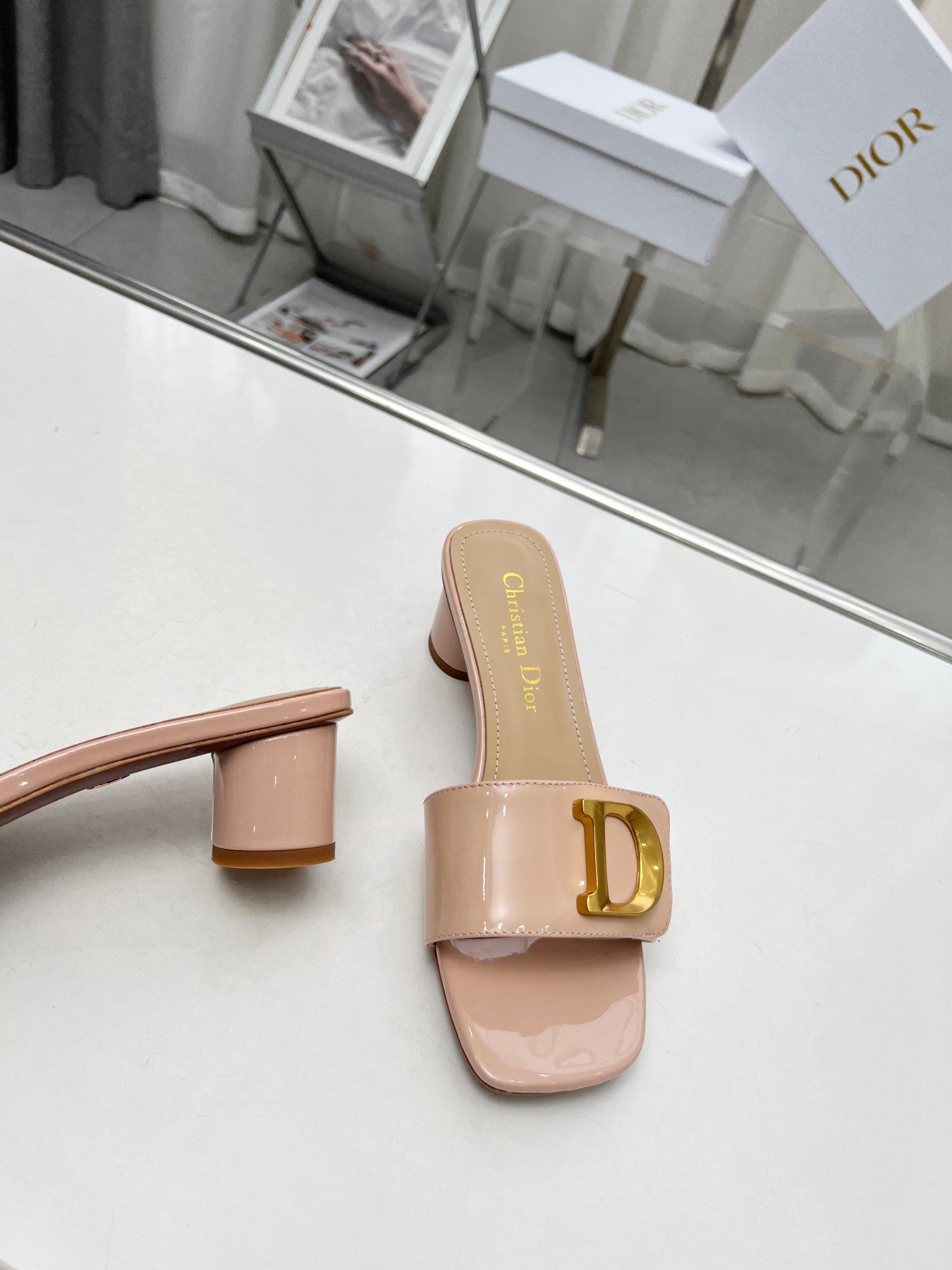 Dior C'est Heeled 50MM Slides in Nude Patent Calfskin