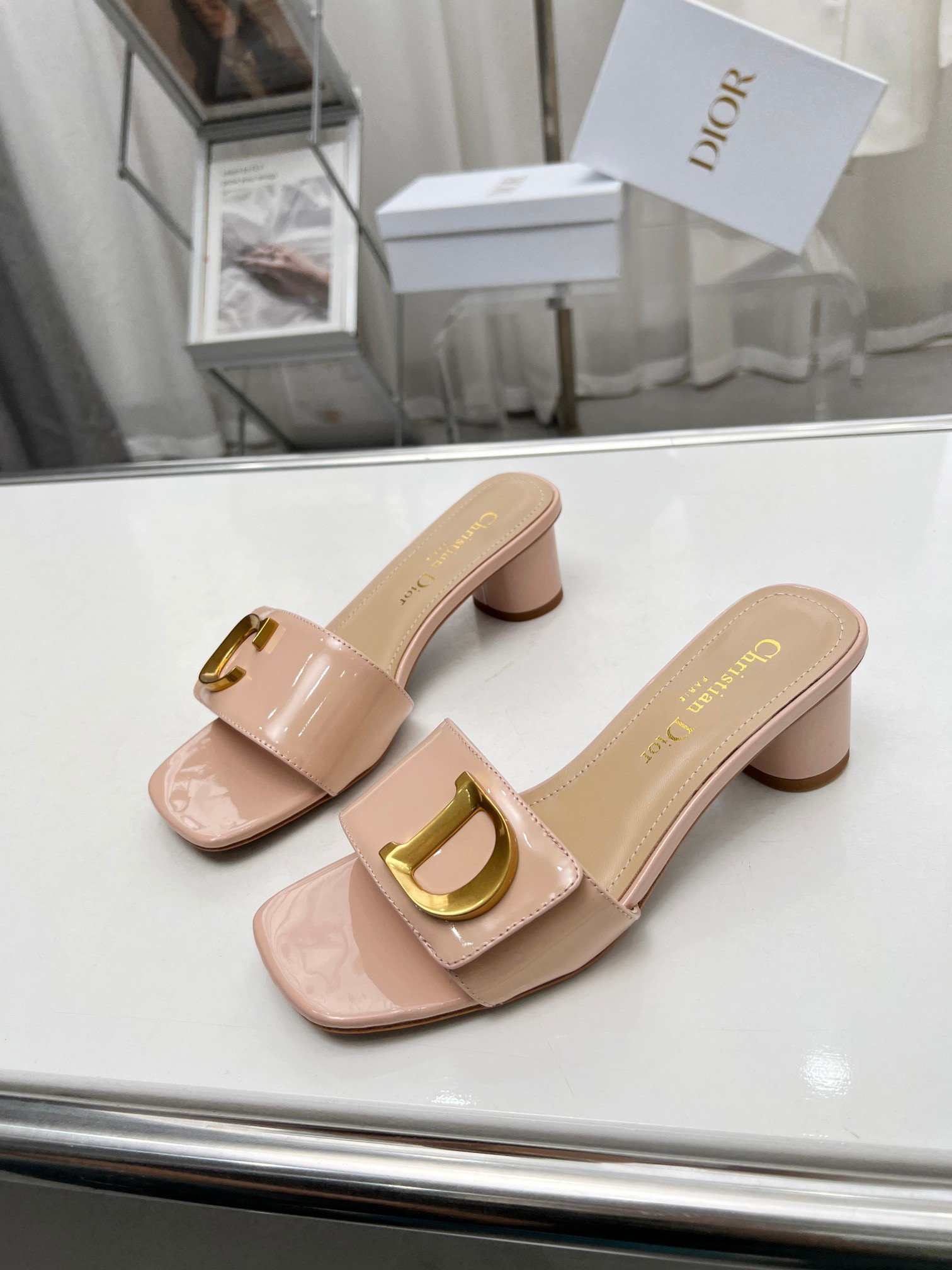 Dior C'est Heeled 50MM Slides in Nude Patent Calfskin