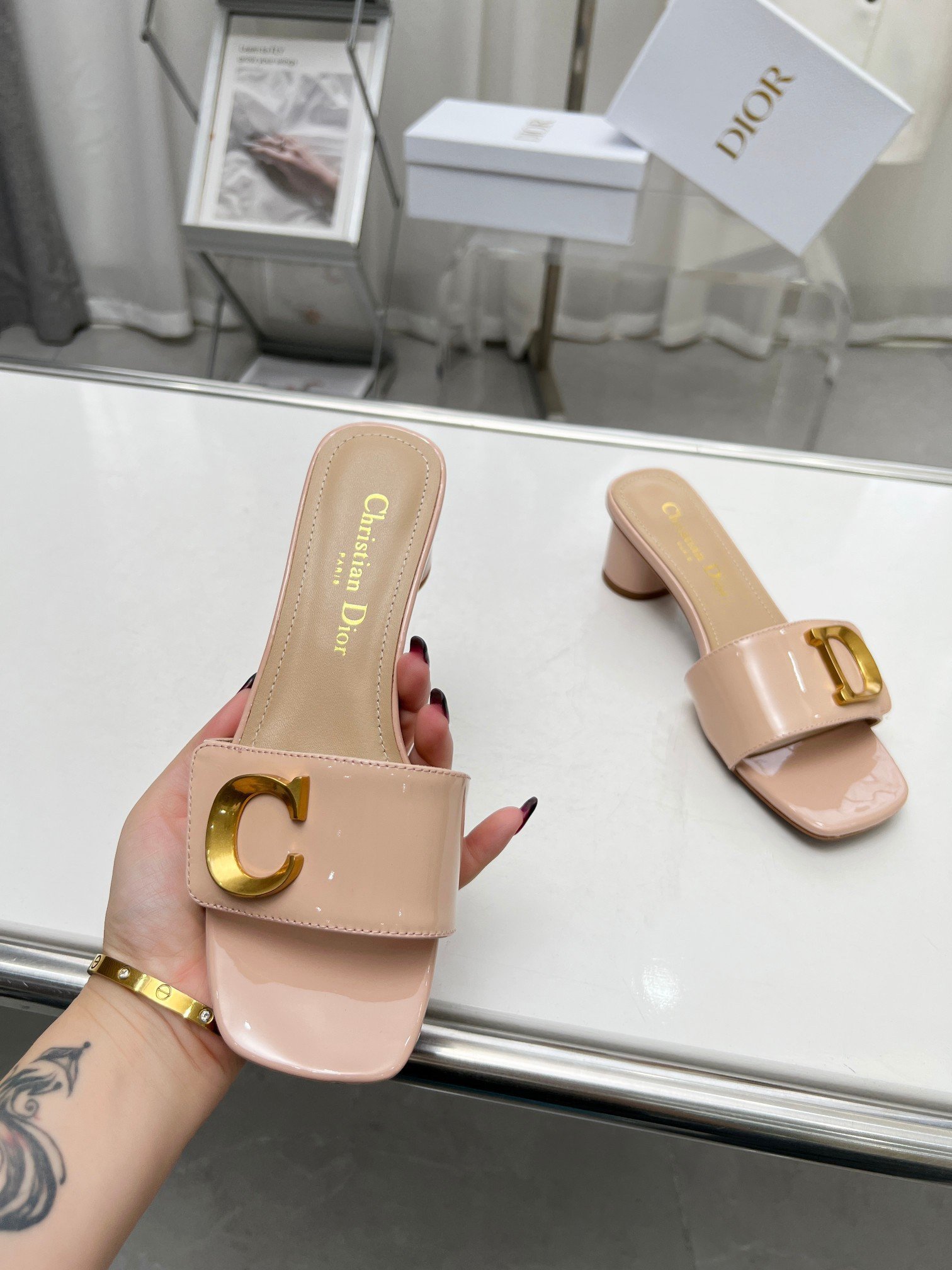 Dior C'est Heeled 50MM Slides in Nude Patent Calfskin