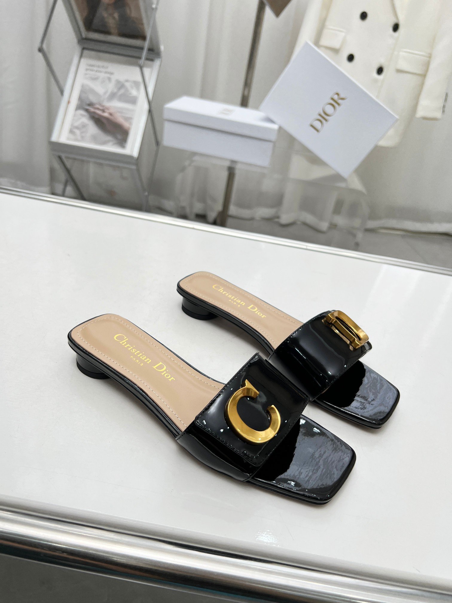 Dior C'est Slides in Black Patent Calfskin