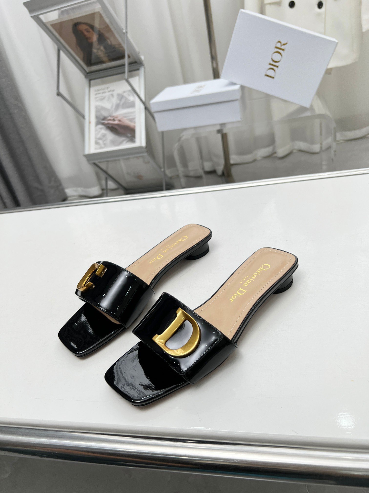 Dior C'est Slides in Black Patent Calfskin