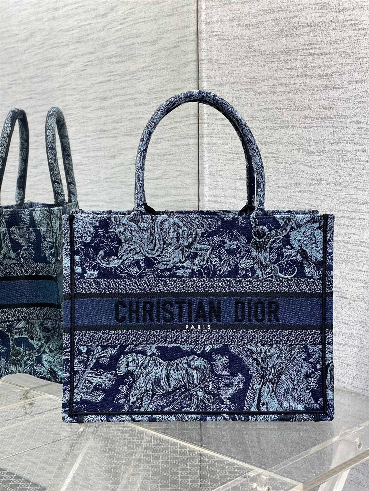 Dior Medium Book Tote Bag In Denim Blue Toile de Jouy Embroidery