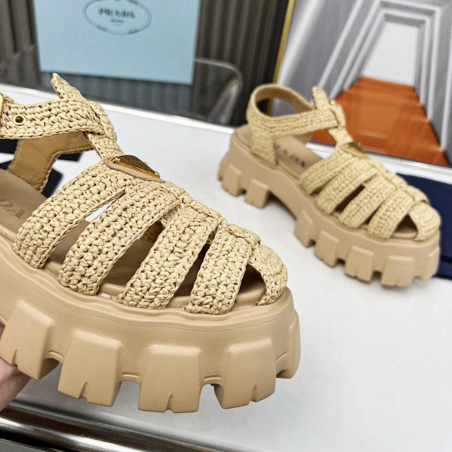 Prada Monolith Crochet Cage Sandals in Beige Raffia Fabric