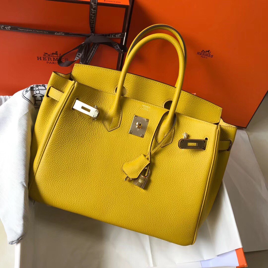 Hermes Birkin 30 Bag in Yellow Clemence Leather with GHW