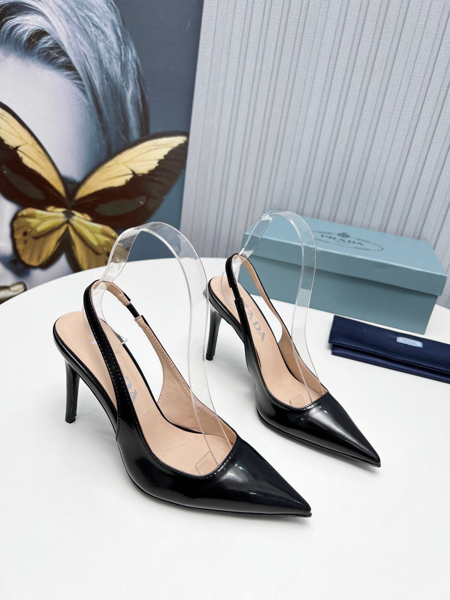 Prada Slingbacks Pumps 95mm In Black Patent Leather